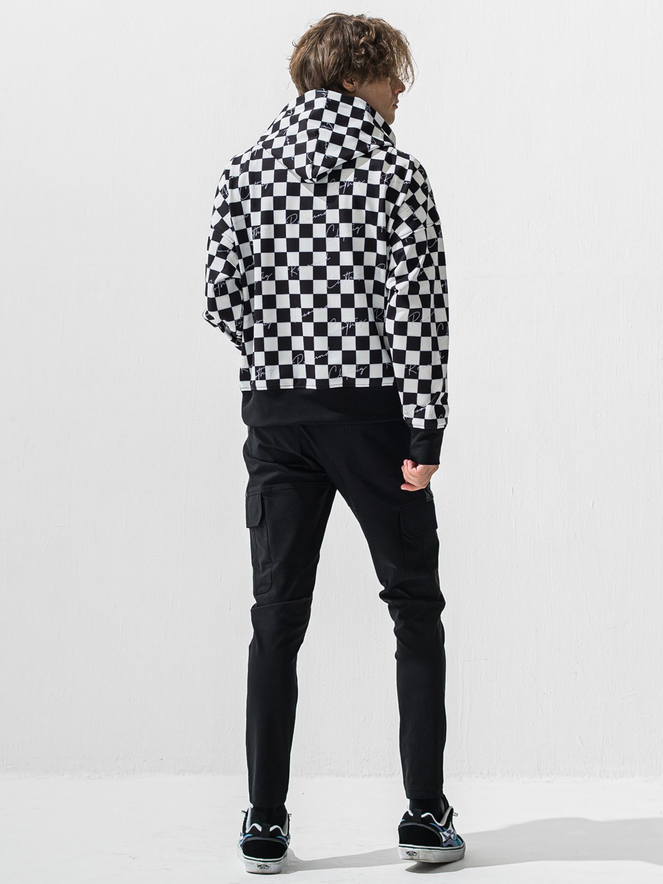 【予約品 9月6日(日) 締切】CHECKER BACK FLEECE TRAINER / 裏起毛 ルーズフーディー / ホワイト×ブラック