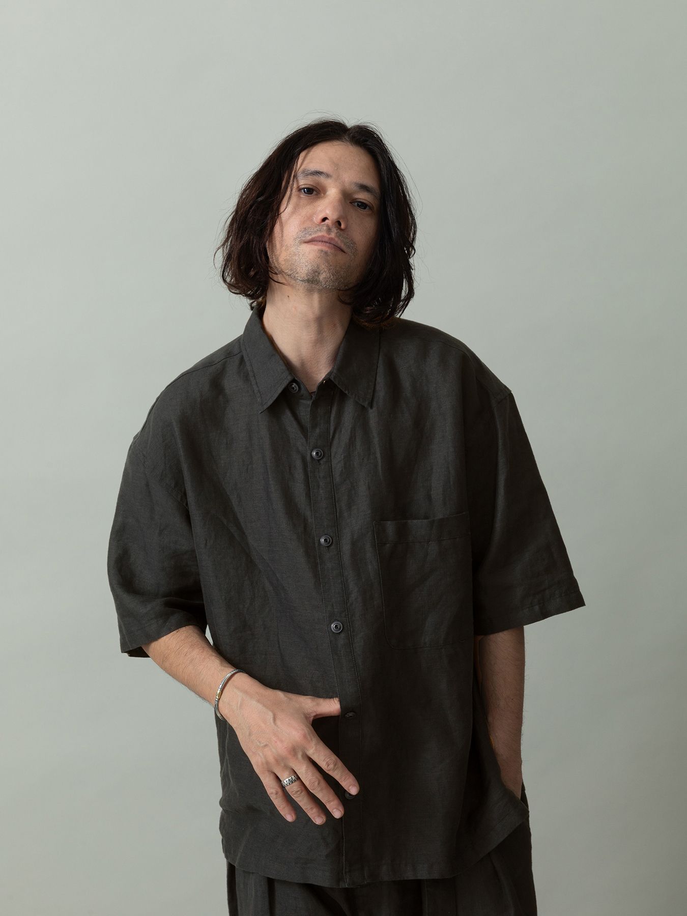 【予約品 2月1日(日) 締切】GATHERLINEN SHIRTS S/S / リネン 半袖シャツ / チャコール