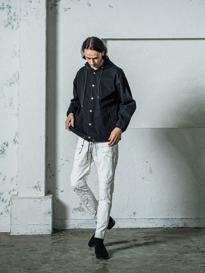 《予約11月17日19時締め》 DENIM JERSEY  coach hoodie / ジャケットパーカー / ブラック