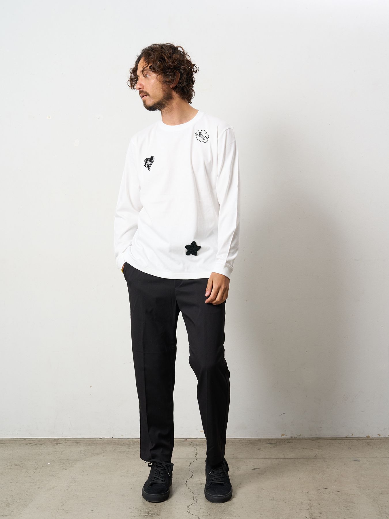 【予約品 5月8日(木) AM10時 締切】 5.6ozコットン天竺 CREATE YOUR OWN LUCK&マルチパッチワーク LS Tシャツ / ホワイト