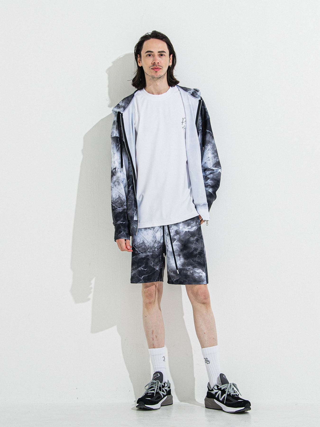 【予約品 】RASH OVER ZIPUP HOODIE / ラッシュガード オーバーサイズジップアップパーカー / マーブルブラック