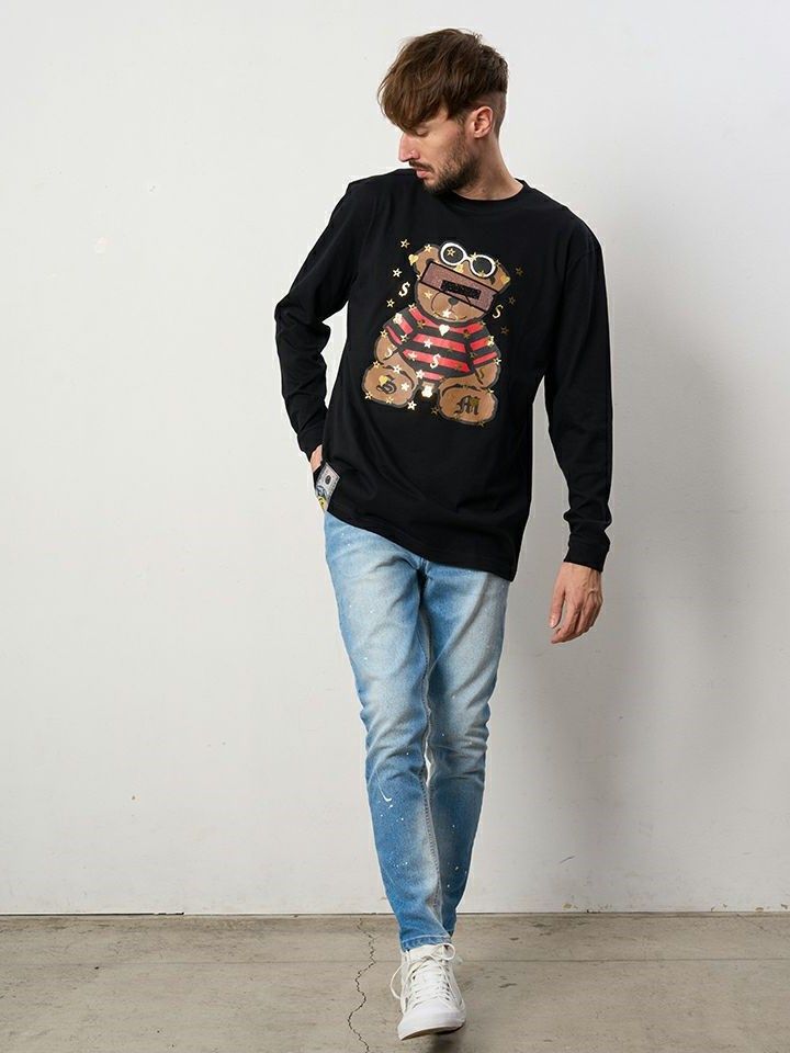 5.6ozコットン天竺 MADGEシークインLS Tシャツ / ブラック 【STUD MUFFIN(スタッドマフィン)】