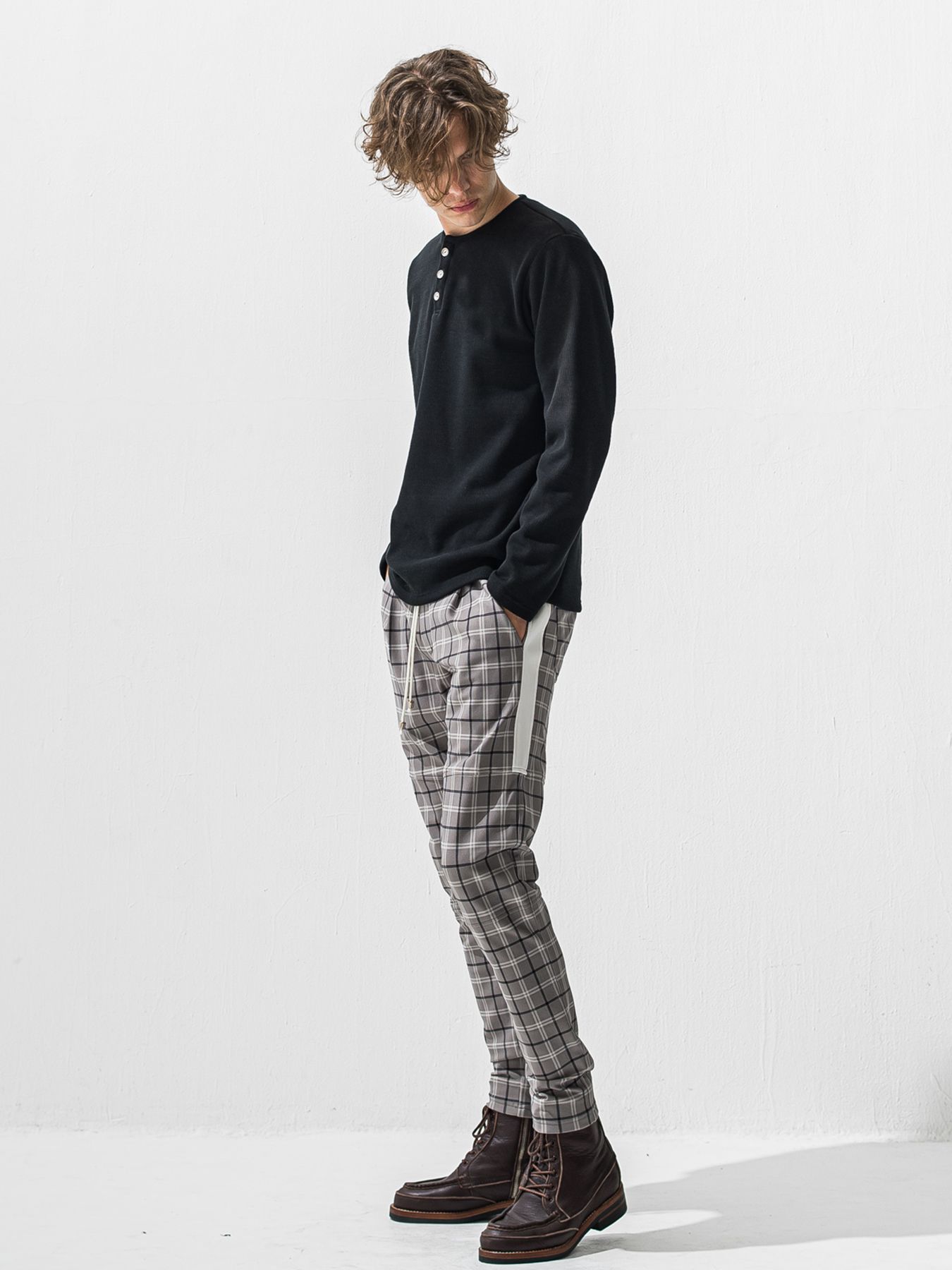 【予約品 9月6日(日) 締切】VELOURS FLEECE THERMAL HENRY / 裏起毛 ハニカムサーマル ヘンリーネック / ブラック