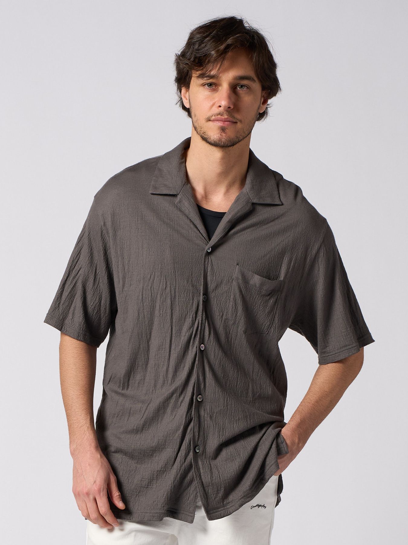 【予約品 1月25日(日) 締切】ex.comfy wool open collar shirt / サマーウール オープンカラーシャツ / スチールグレー