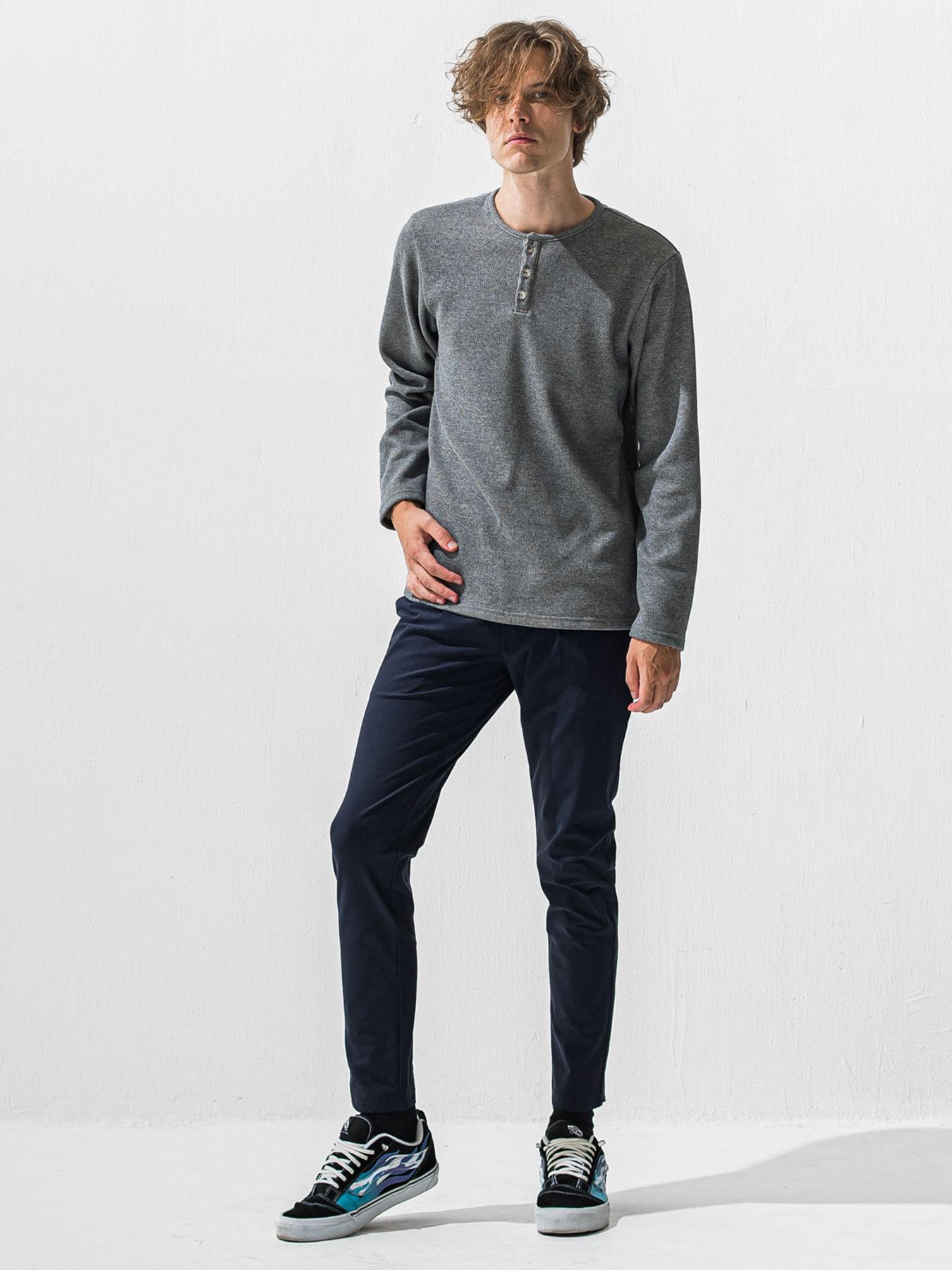 【予約品 9月6日(日) 締切】VELOURS FLEECE THERMAL HENRY / 裏起毛ハニカムサーマルヘンリーネック / グレー