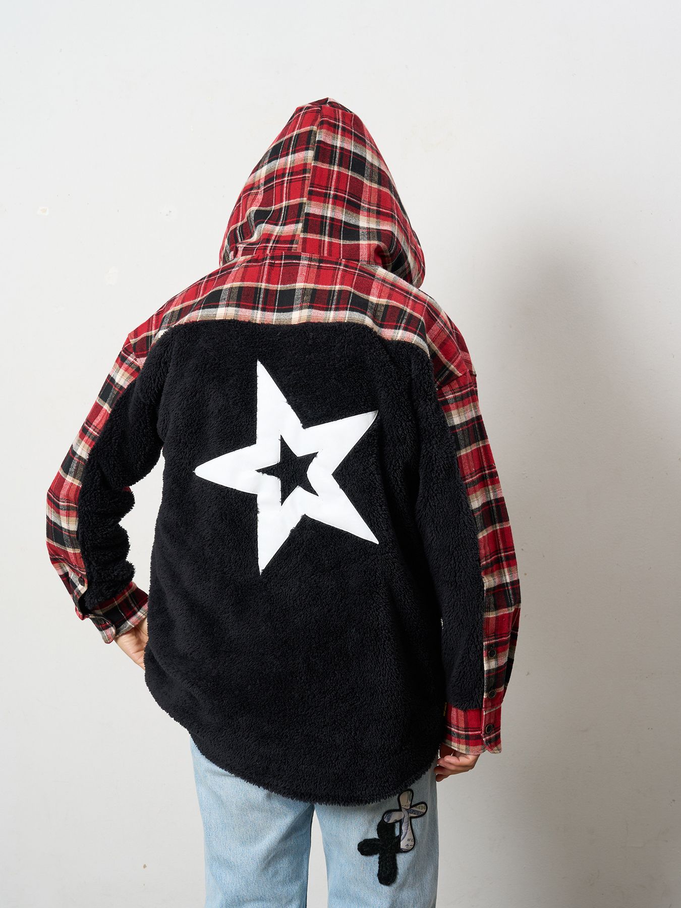 【予約品 】 ヘビーネルチェック-ボア レザースター&サガラパッチワーク フーデッドシャツ / ブラック