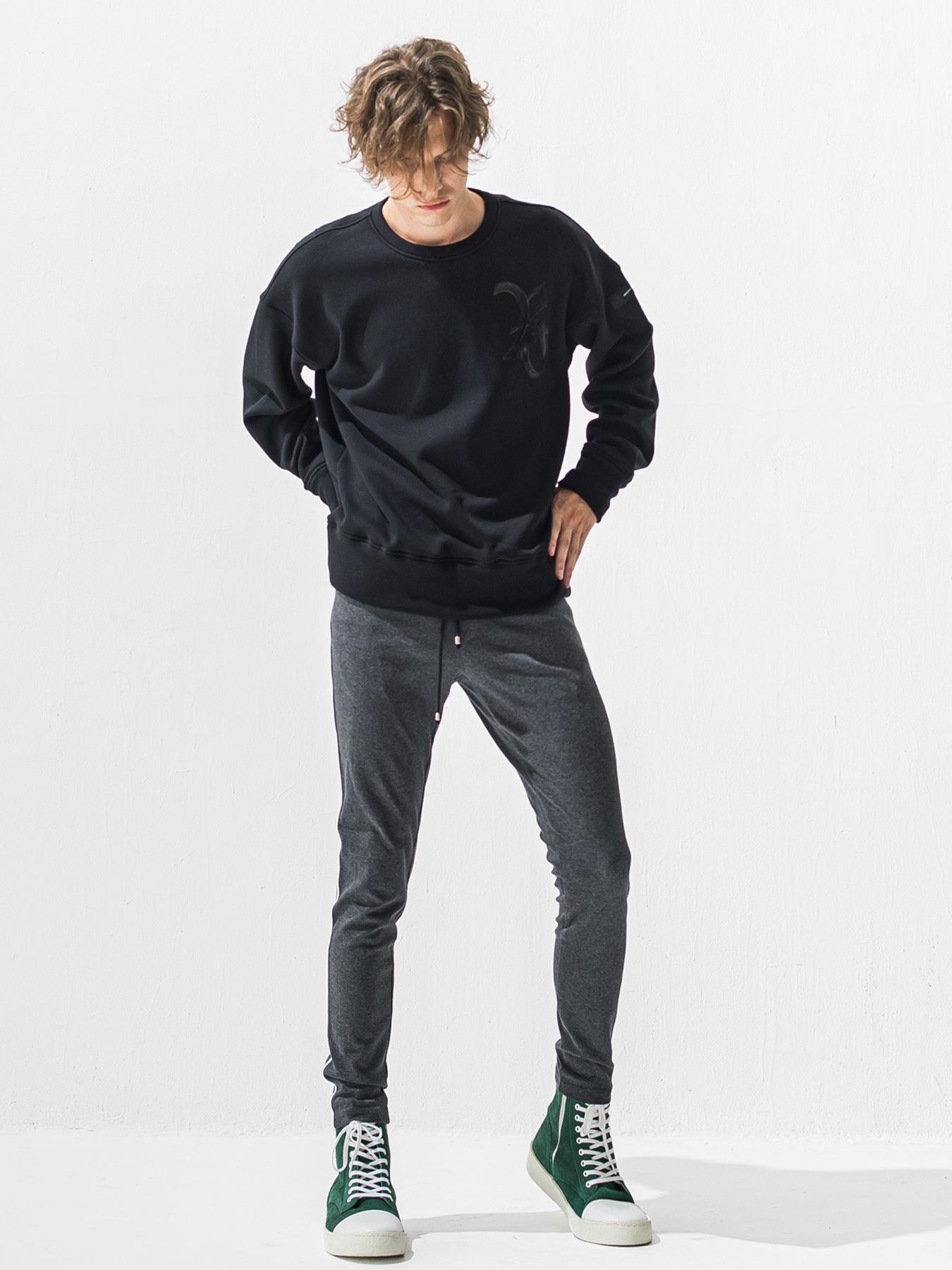 【予約品 9月6日(日) 締切】RC VELOURS FLEECE DROP TRAINER / RCレザーワッペン 裏起毛 ルーズトレーナー / ブラック