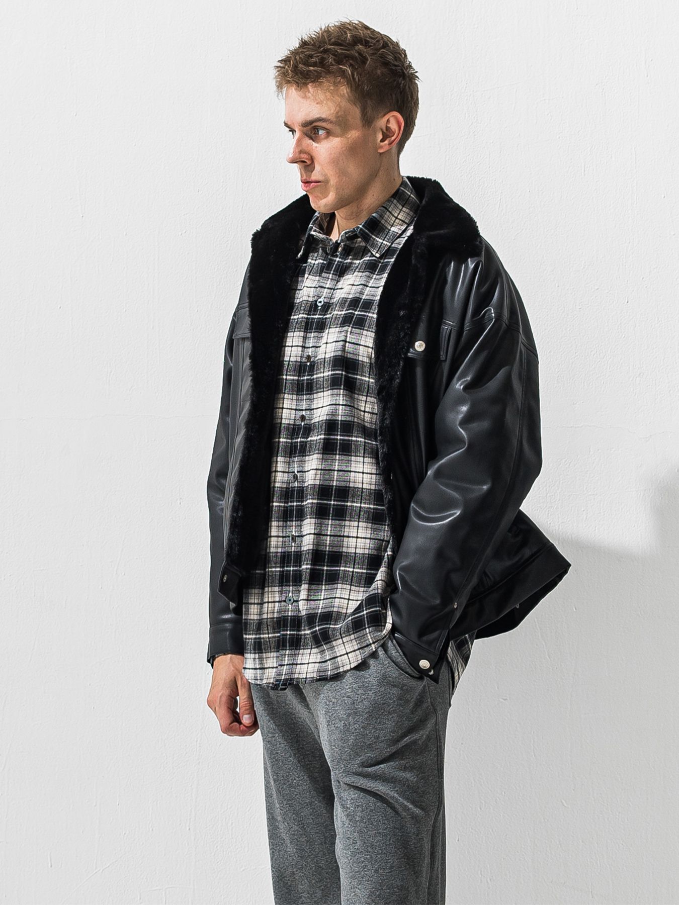 【予約品 9月6日(日) 締切】LEATHER FUR OVER G / レザー ファー オーバー Gジャン / ブラック