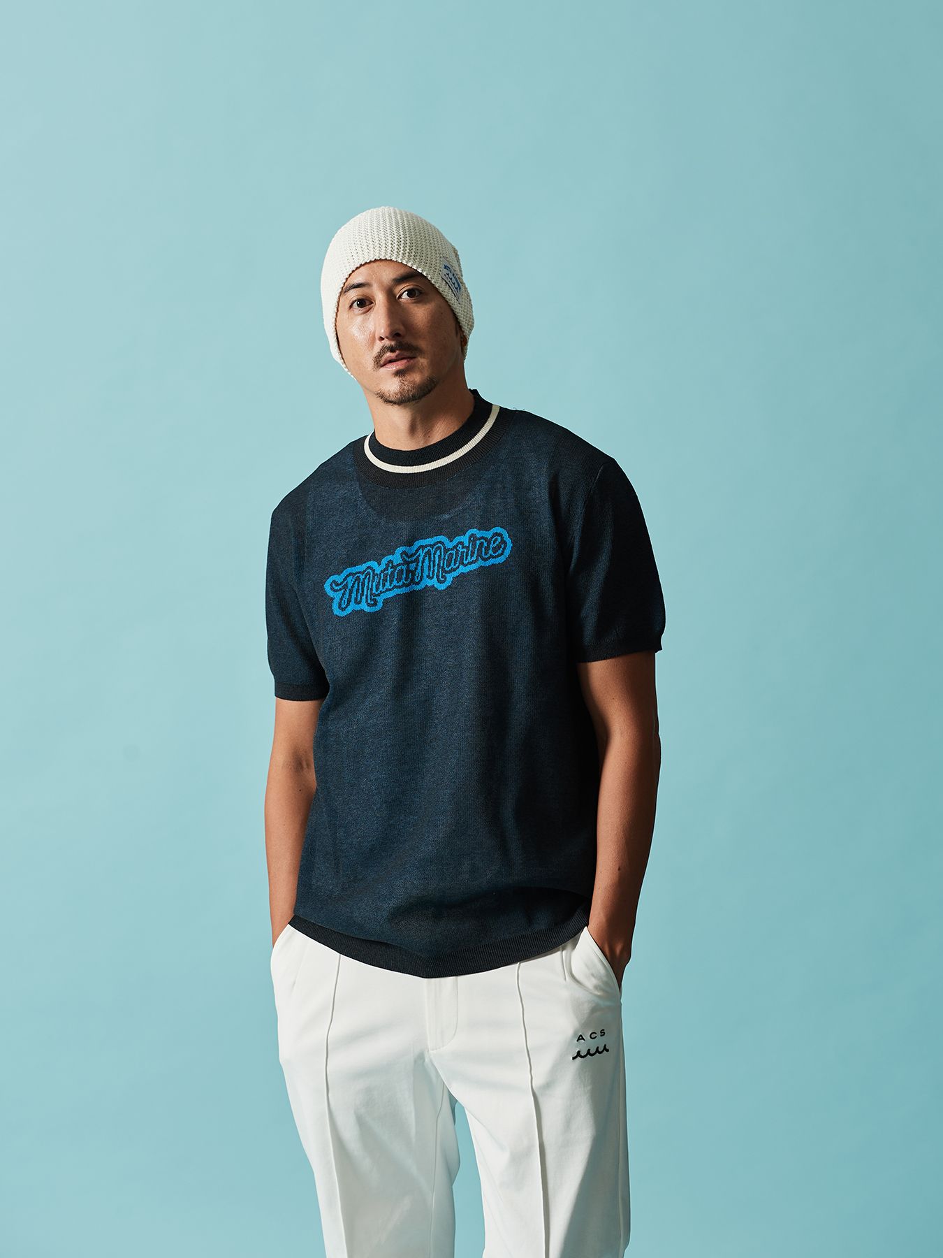 【予約品 10月9日(木) 締切】muta Sheer Knit S-S Top / シアーニットTシャツ / ネイビー【Acanthus × muta MARINE】