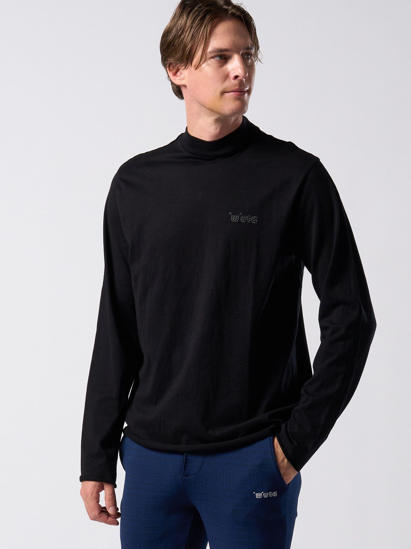 【予約品】muta × wjk collection：cut-off mock-neck L-S(printed) / モックネックロングスリーブカットソー / ディープブラック
