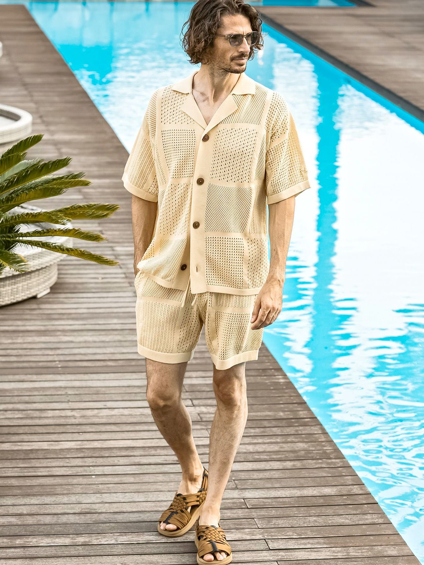 ブロックメッシュニットオープンカラーシャツ / ホワイト