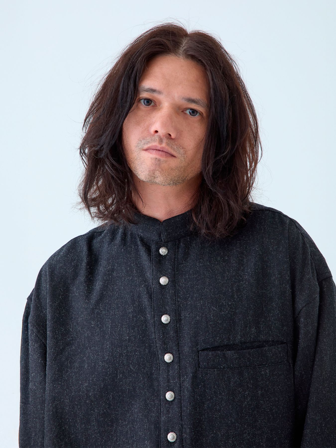 【予約品 】Bojour / ウール デザインシャツ / 杢ブラック