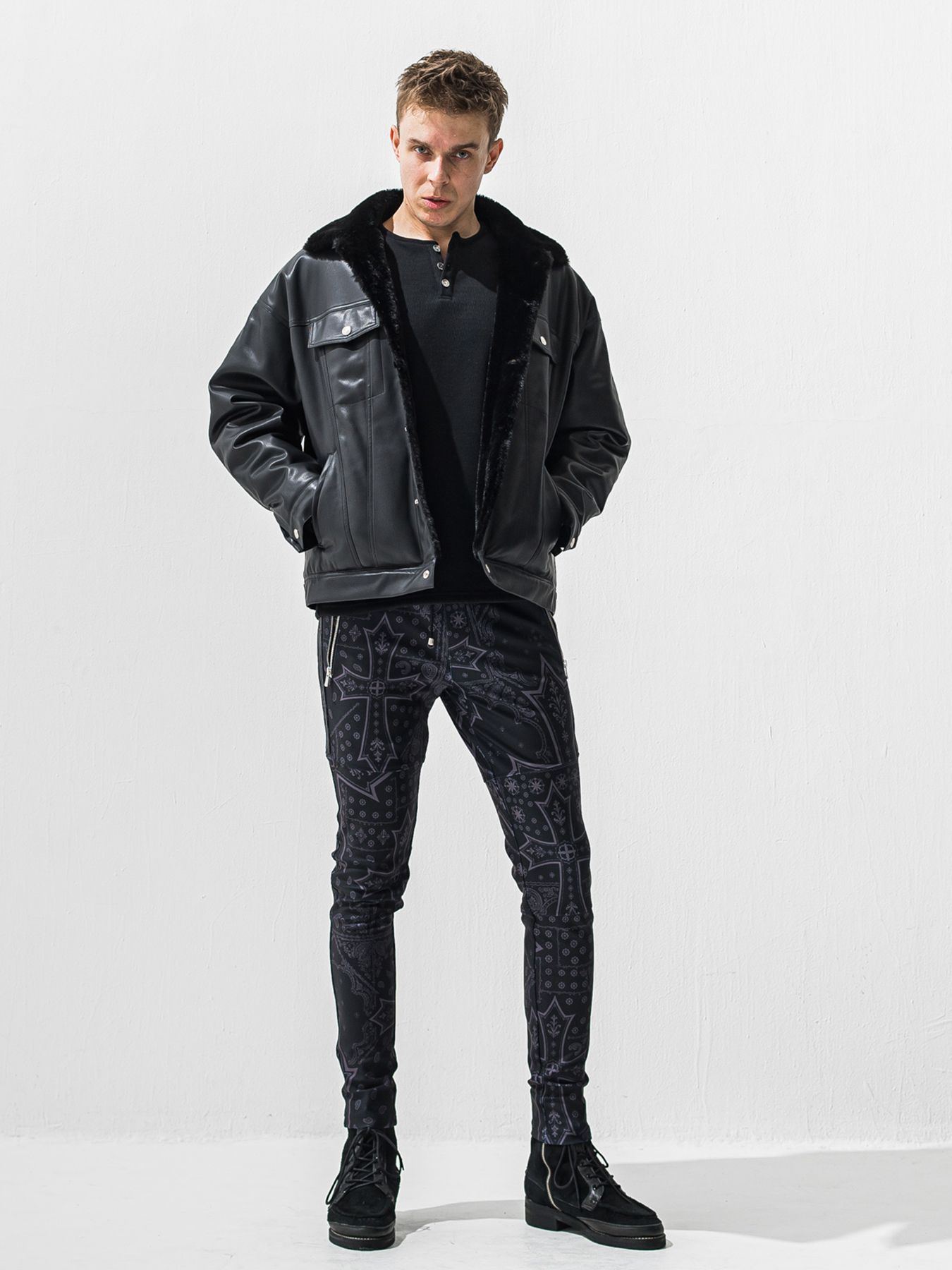 【予約品 9月6日(日) 締切】VELOURS FLEECE THERMAL HENRY / 裏起毛 ハニカムサーマル ヘンリーネック / ブラック