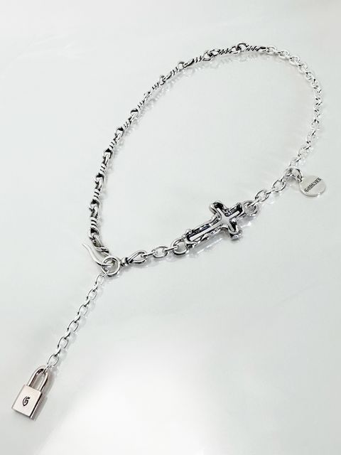 《受注生産》OPEN CROSS & TWIST CHAIN NECKLACE with PADLOCK pink silver / オープンクロス＆ツイストチェーンネックレス ウィズピンクシルバーパドロック / 注文から5～8週間後入荷予定