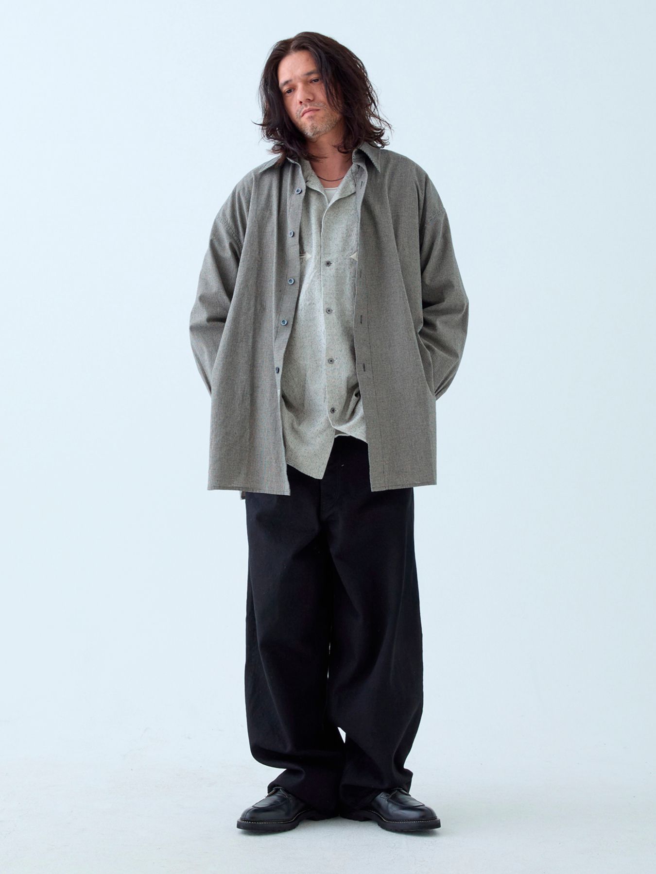 【予約品 5月7日(水)AM10時  締切】Chronos / ワッシャー加工 ロングシャツ / アイボリー×ブラック千鳥