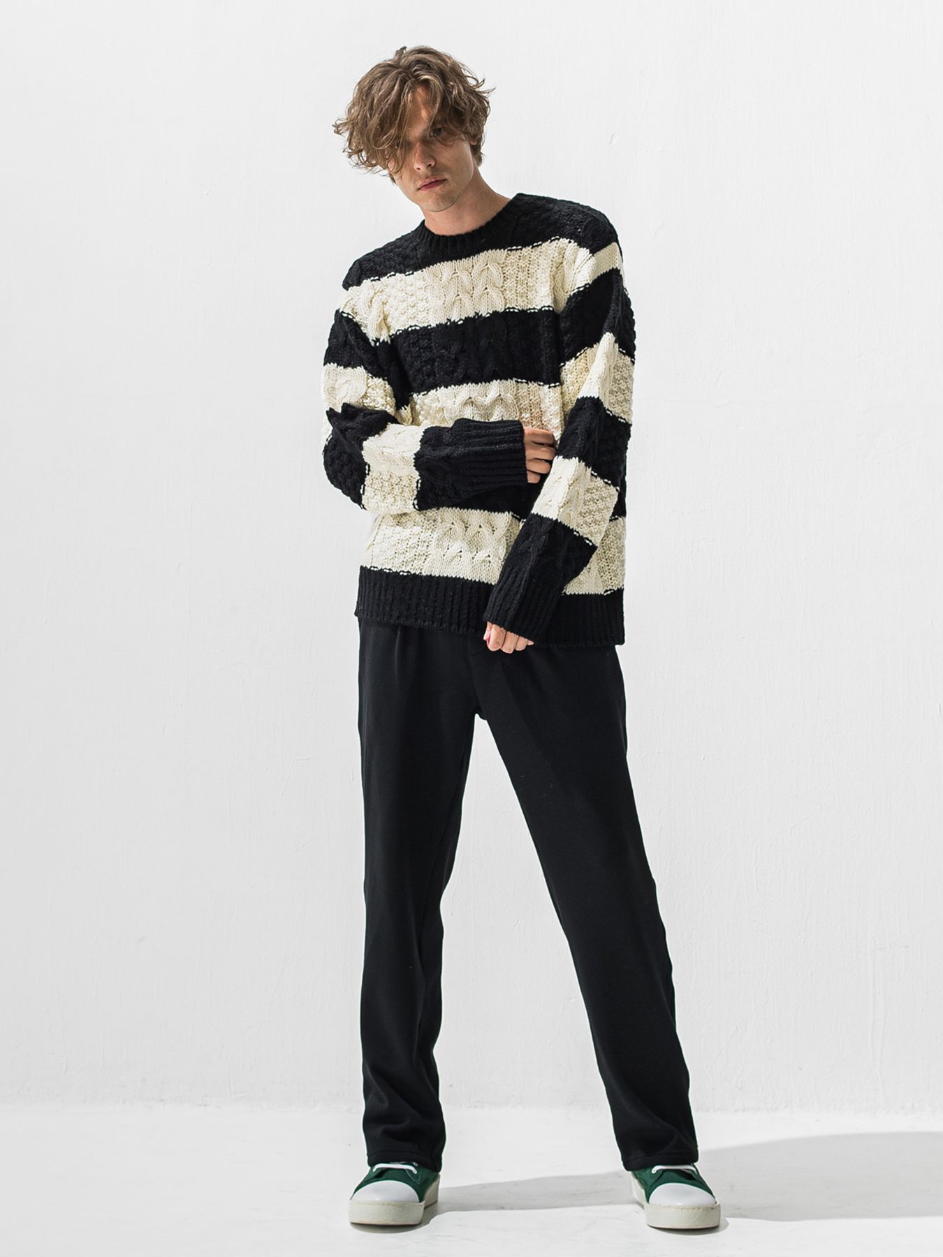 【予約品 9月6日(日) 締切】CABLE LAW SWEATER / ケーブル編みローゲージセーター / ブラック×ホワイト