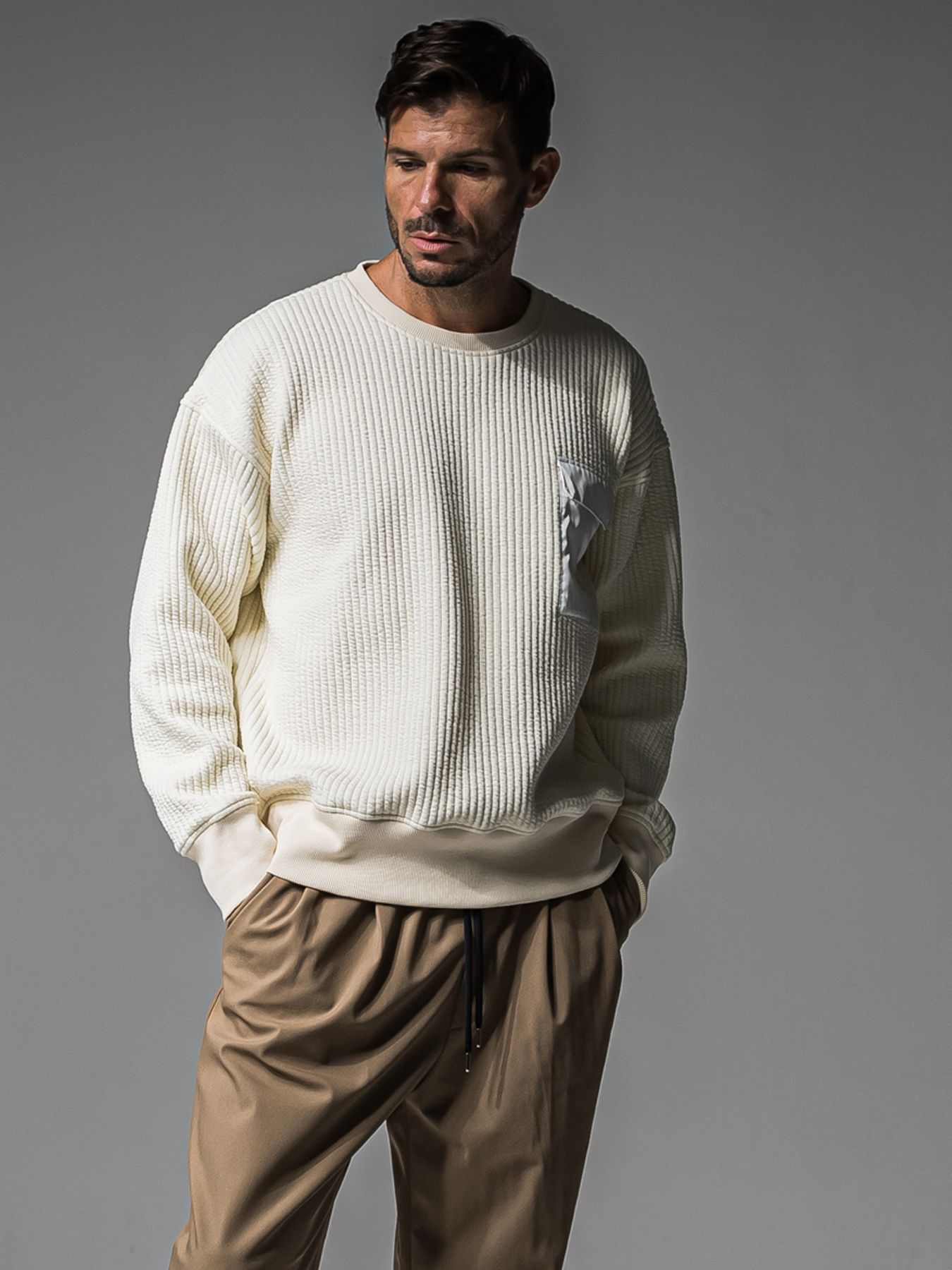 【予約品 】STRIPE QUILTING DROP TRAINER / ストライプキルティング ルーズトレーナー / オフ