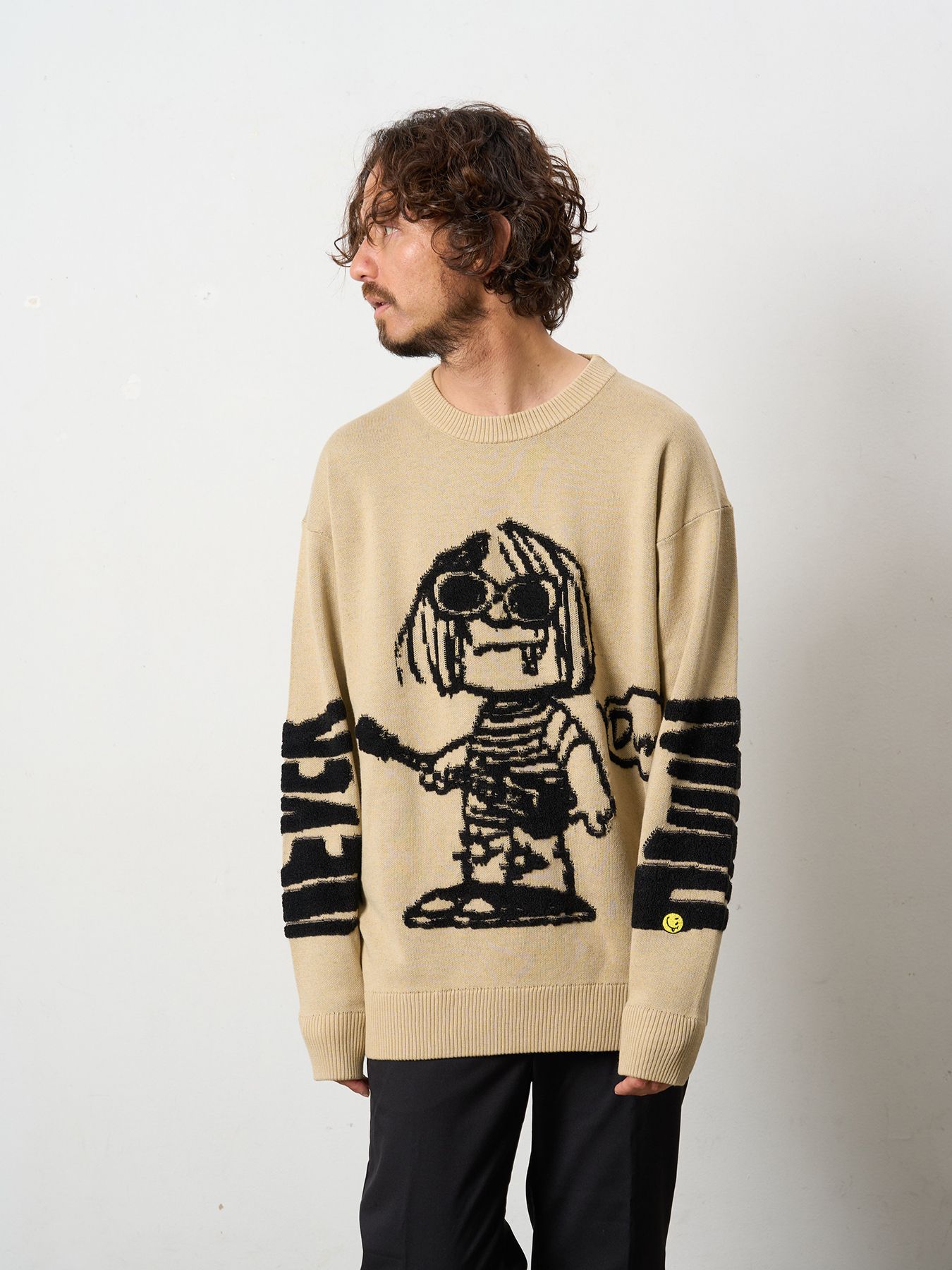 【予約品 】 アクリルコットン- モールヤーンカートイラスト 立体ダブルジャガード プルオーバー / ベージュ