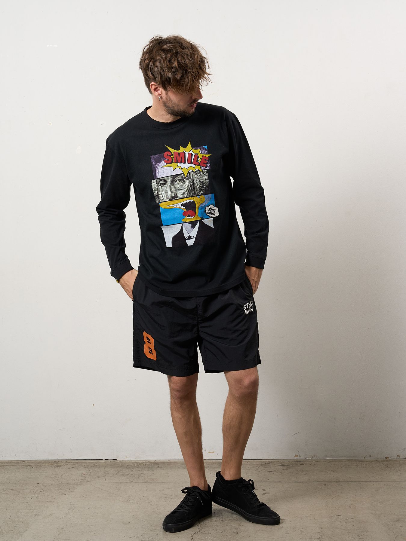 【予約品 10月16日(木) 締切】5.6ozコットン天竺 ブロックコラージュ&パッチ LSシャツ / ブラック