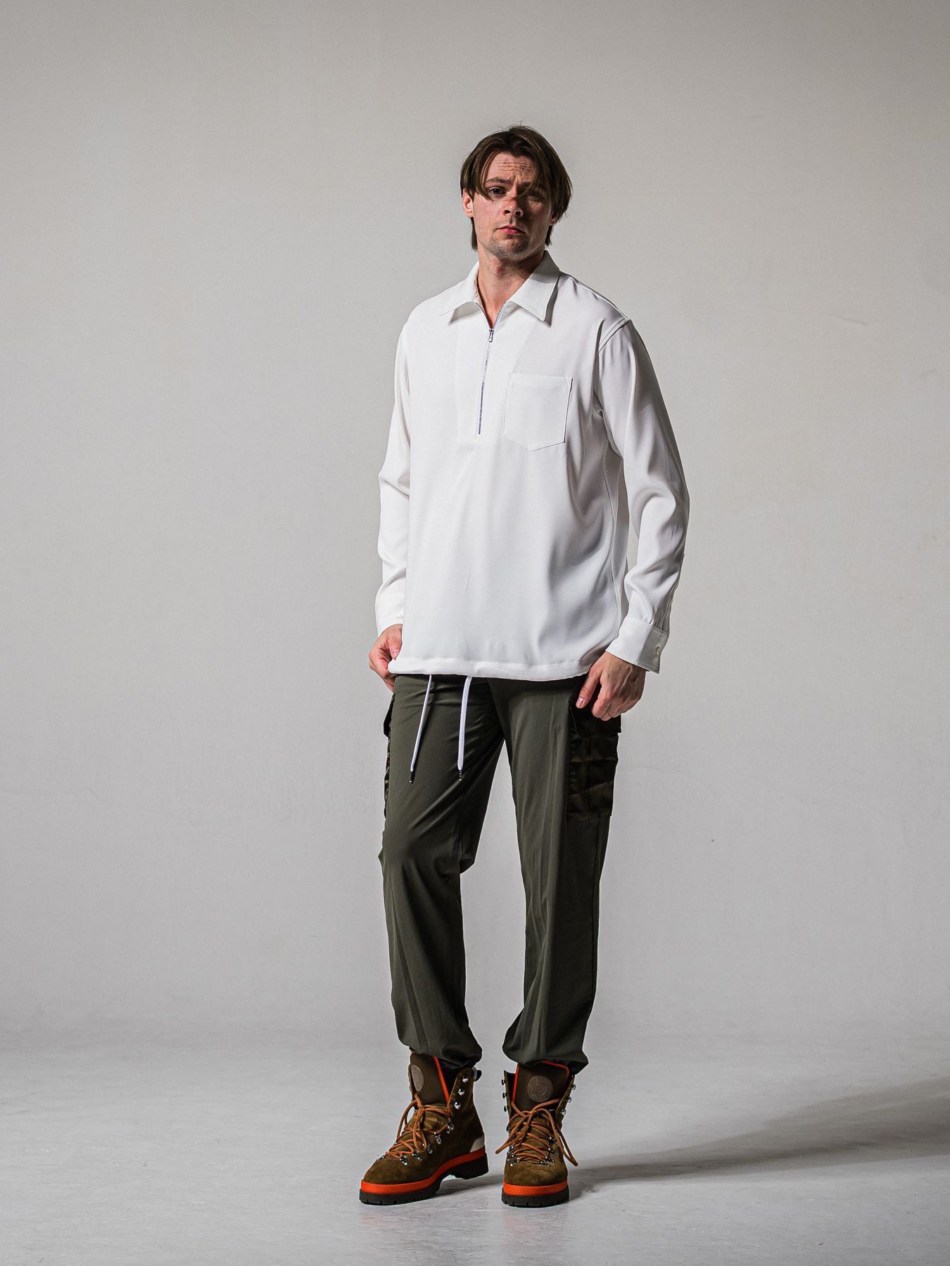 【予約品 11月16日(日) 締切】PULL OVER SATIN SHIRT / ジッププルオーバー サテンシャツ / ホワイト