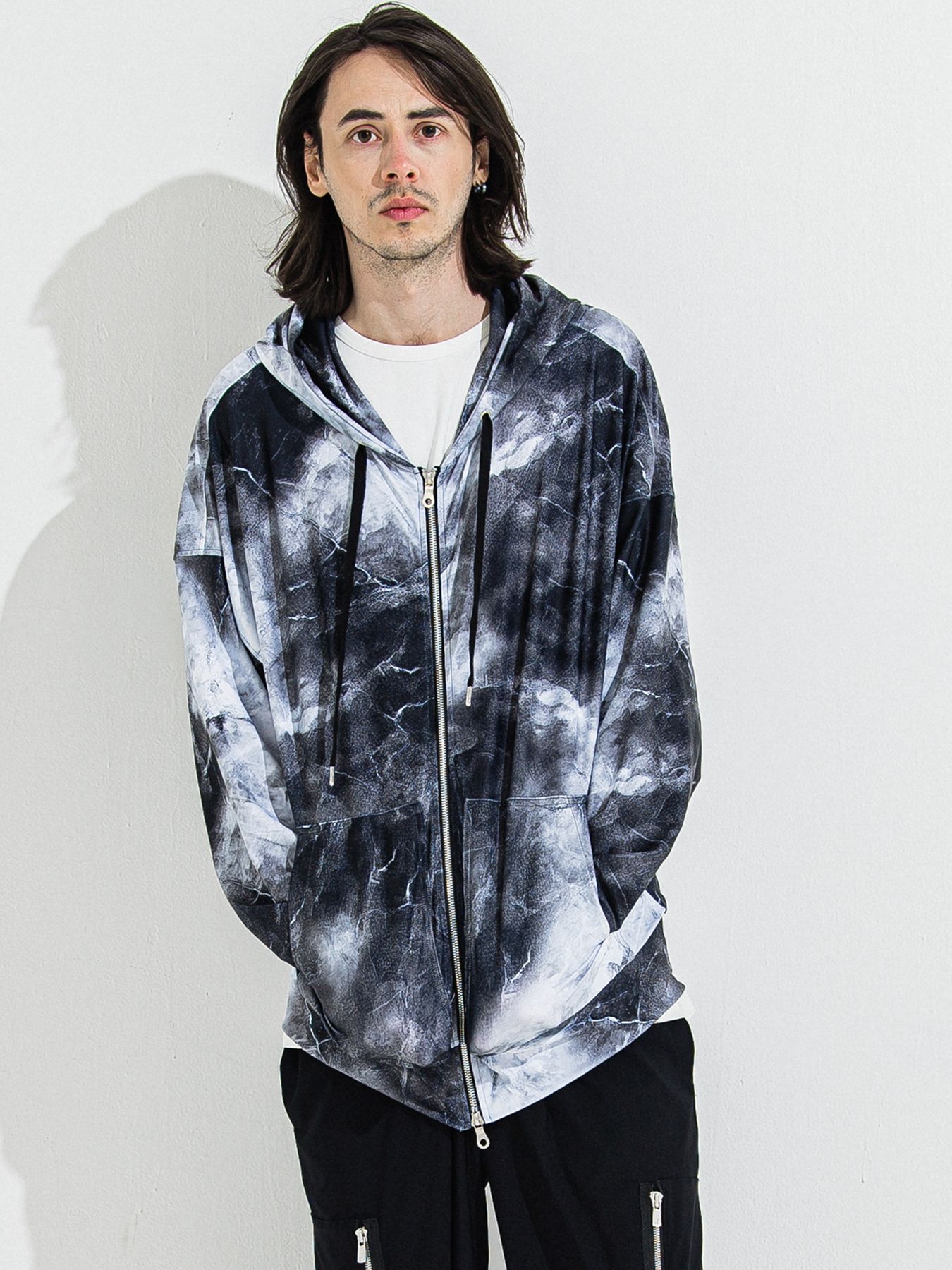 【予約品 】RASH OVER ZIPUP HOODIE / ラッシュガード オーバーサイズジップアップパーカー / マーブルブラック
