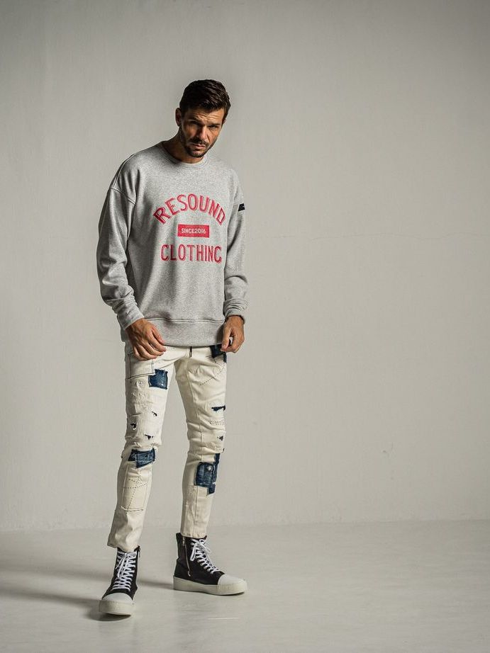 《予約9月1日18時締め》 college  velours fleece drop trainer  / ルーズトレーナー / グレーレッド