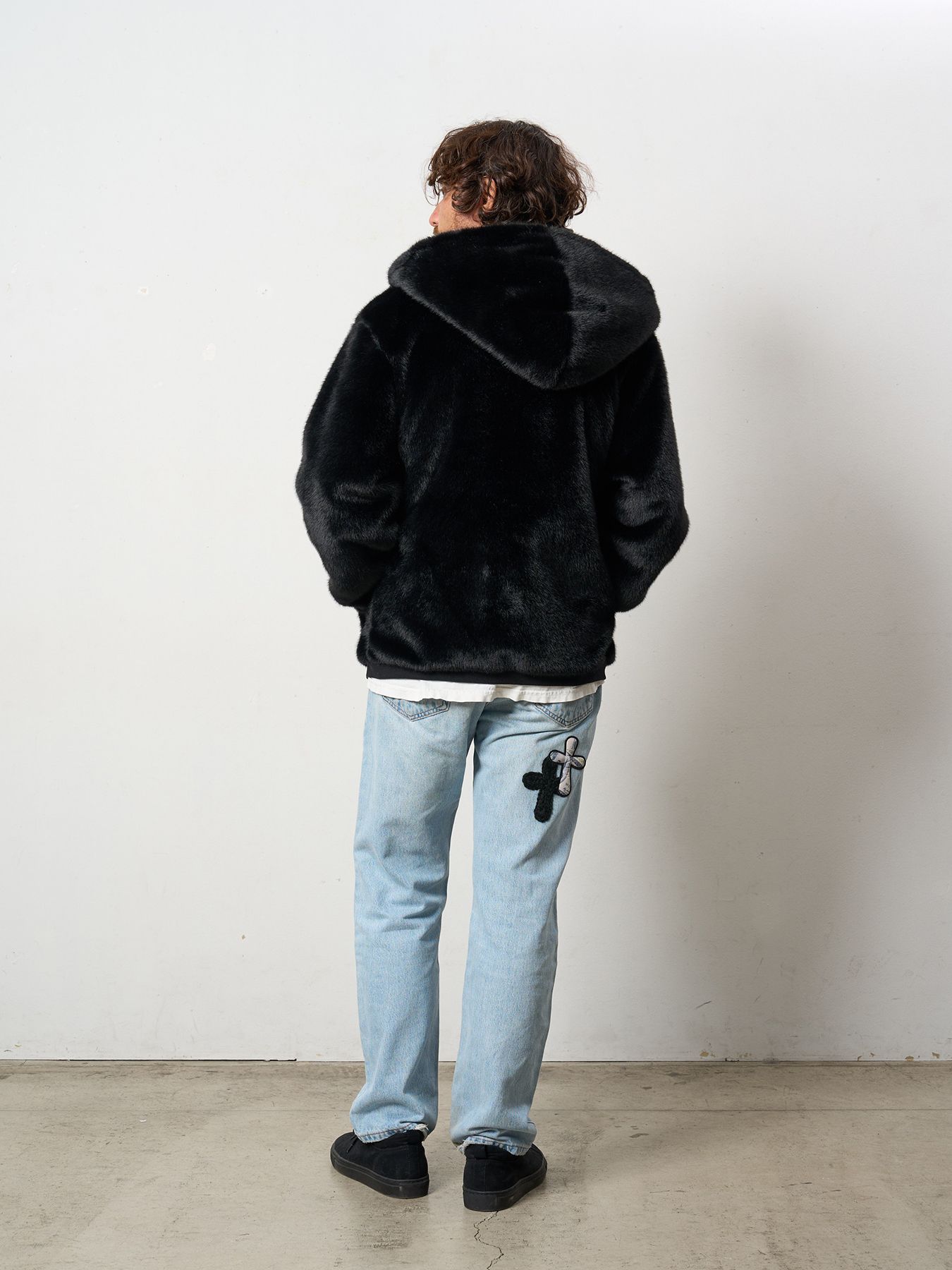 【予約品 】 ECOファー マルチパッチワークビックジップワイドパーカー / ブラック