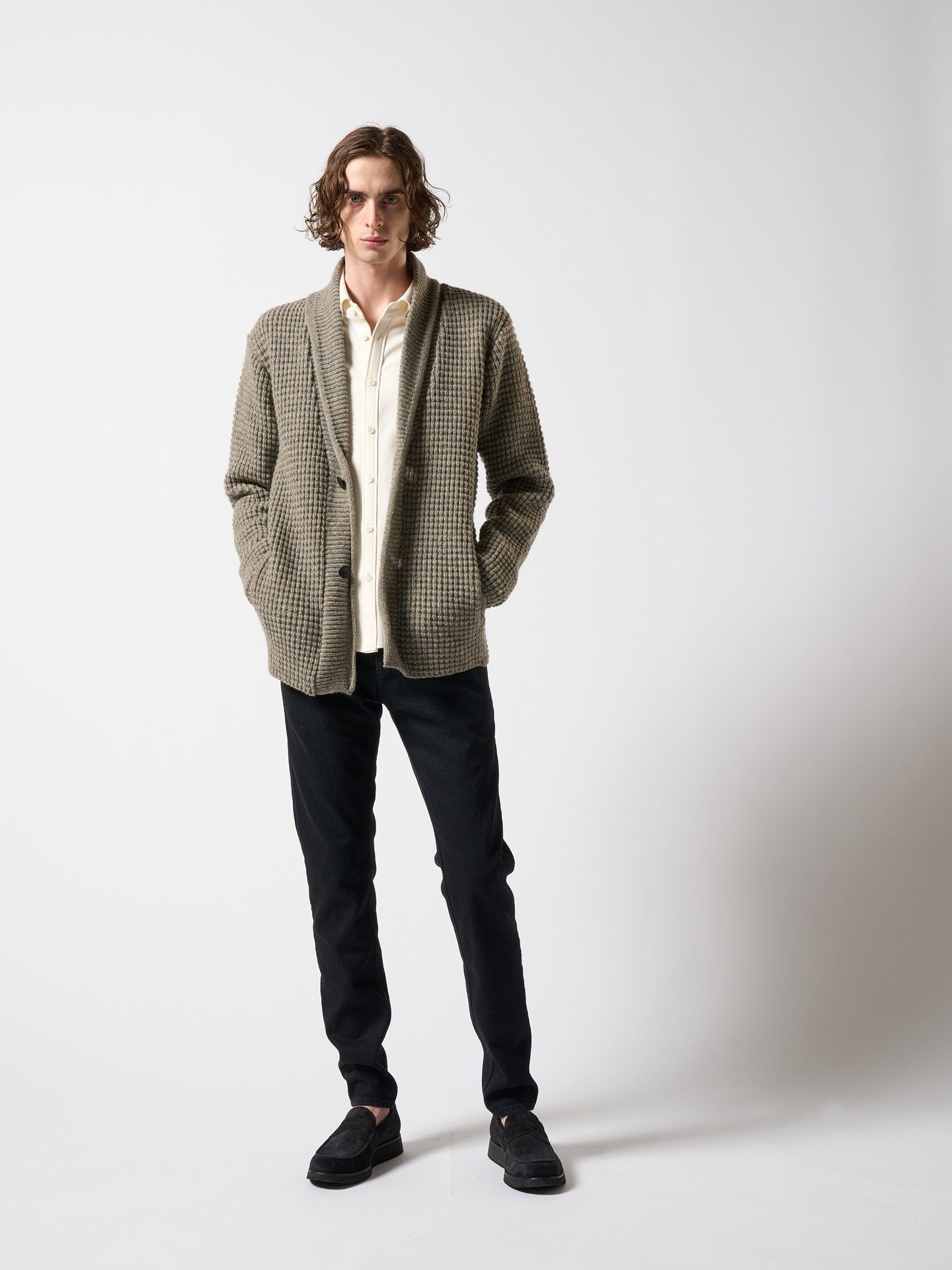 wjk - 【予約品】 lomond shawl collar cardigan / カーディガン / グレー×ホワイト | BRYAN