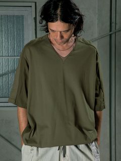 【予約品 11月9日(月) 締切】DUALTEXTEE / 切り替え VネックTシャツ / ベージュ