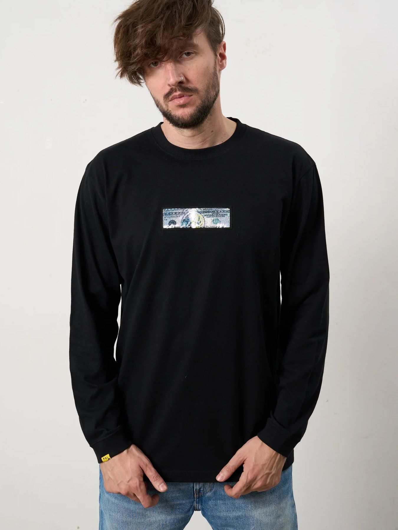 5.6ozコットン天竺 DO YOU WANT シークイン LS Tシャツ / ブラック