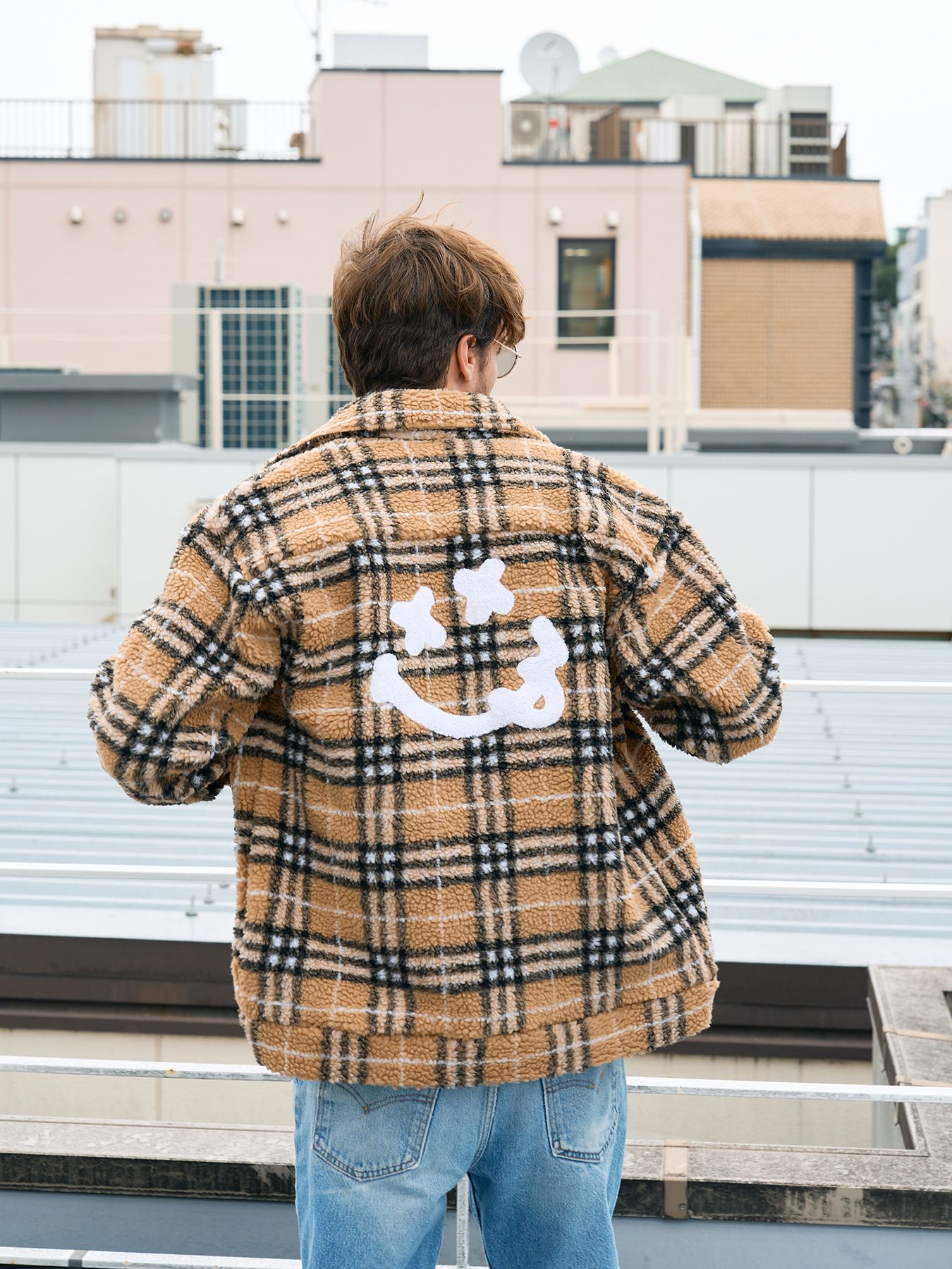 【予約品 】 ブロックチェックムックボア サガラパッチワークブルゾン / ベージュ