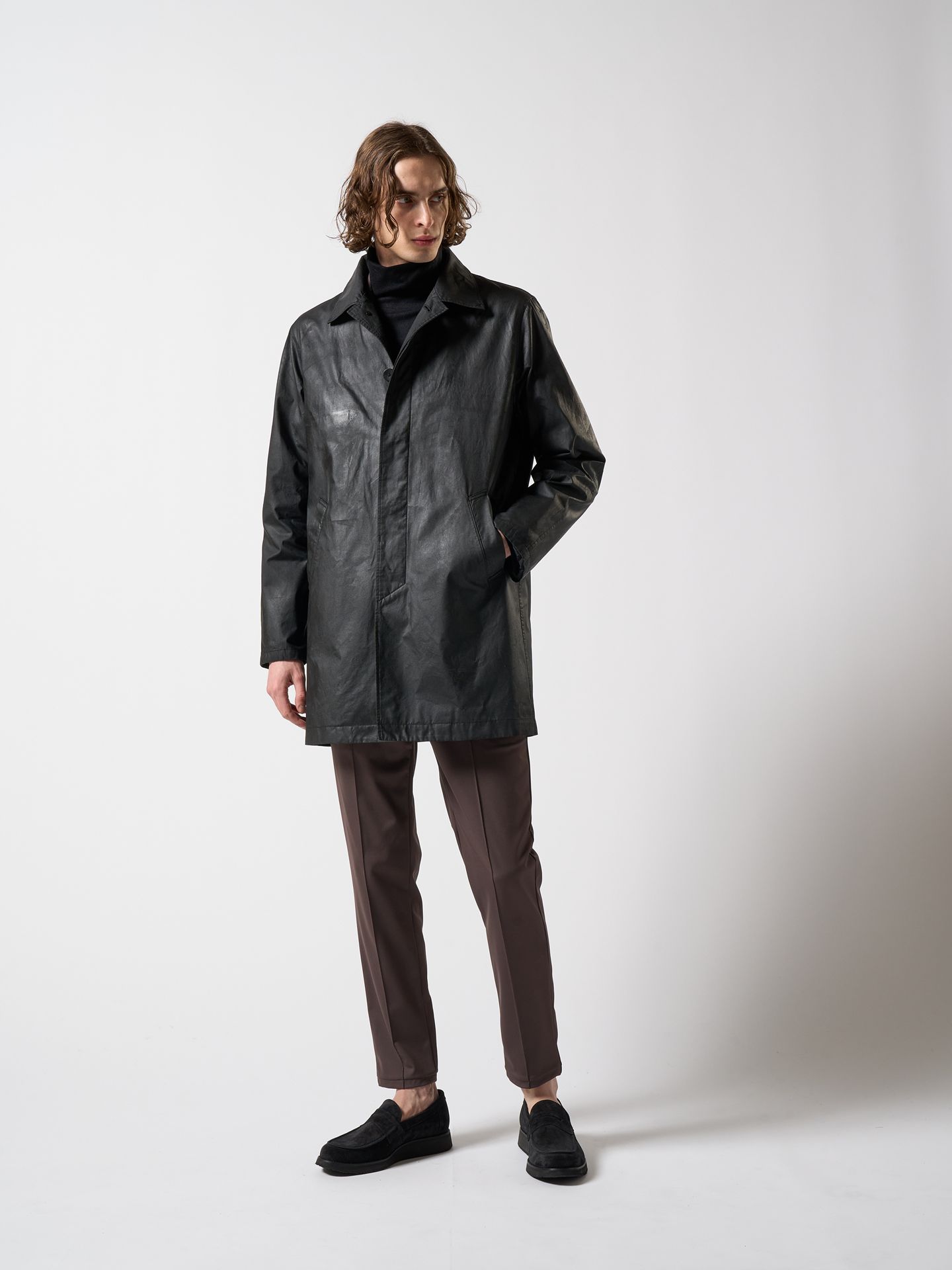 【予約品】 oild soutien collar coat / ステンカラーコート / ブラック