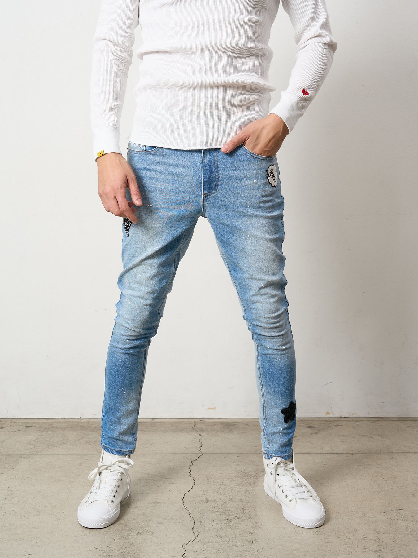 【予約品 】 11ozストレッチデニム マルチパッチワーク& ペインティング 5Pパンツ / ブラック