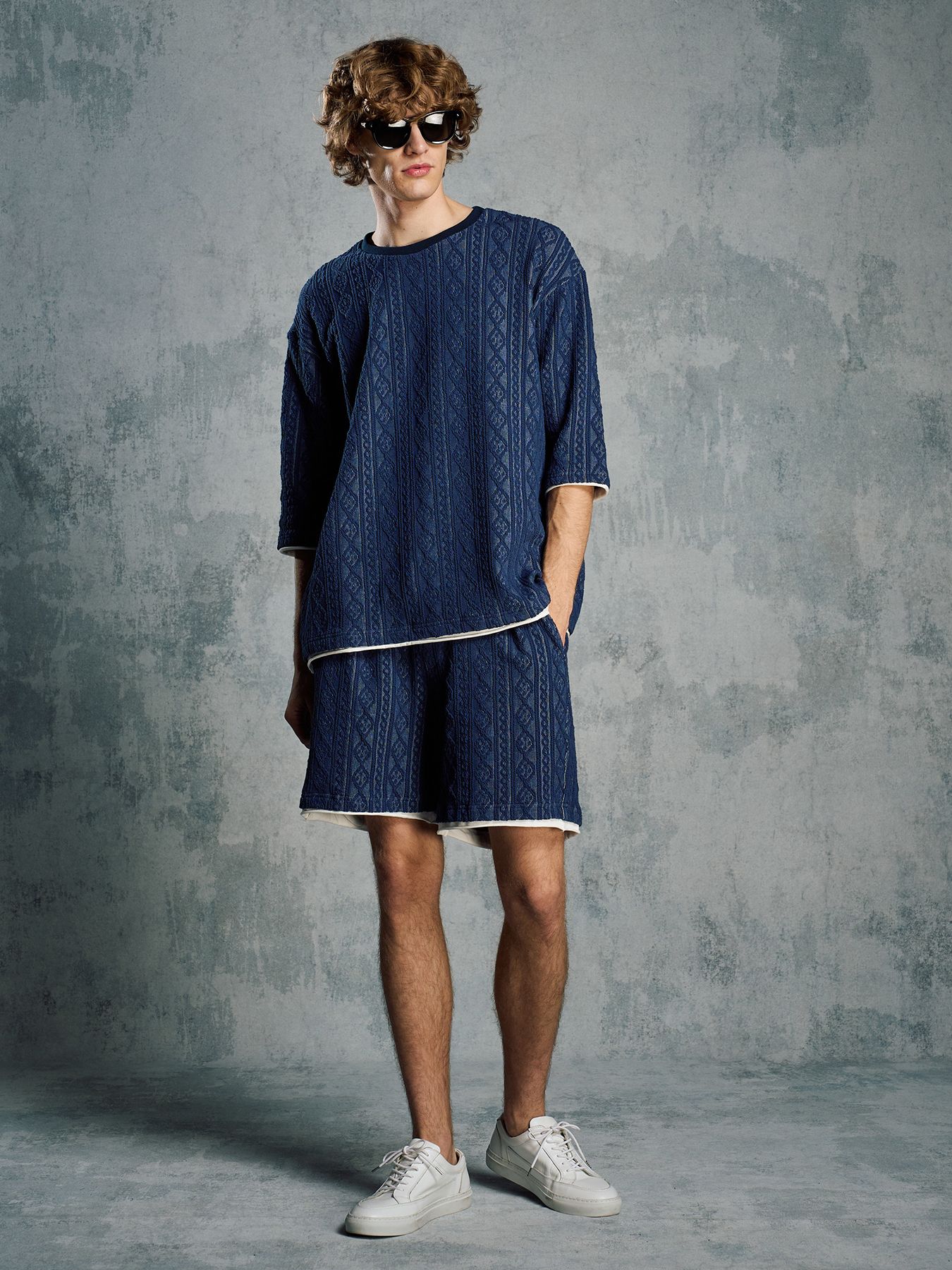 【予約品 1月25日(日) 締切】jacquard summer knit shorts / ジャガード サマーニット ショーツ / ネイビー