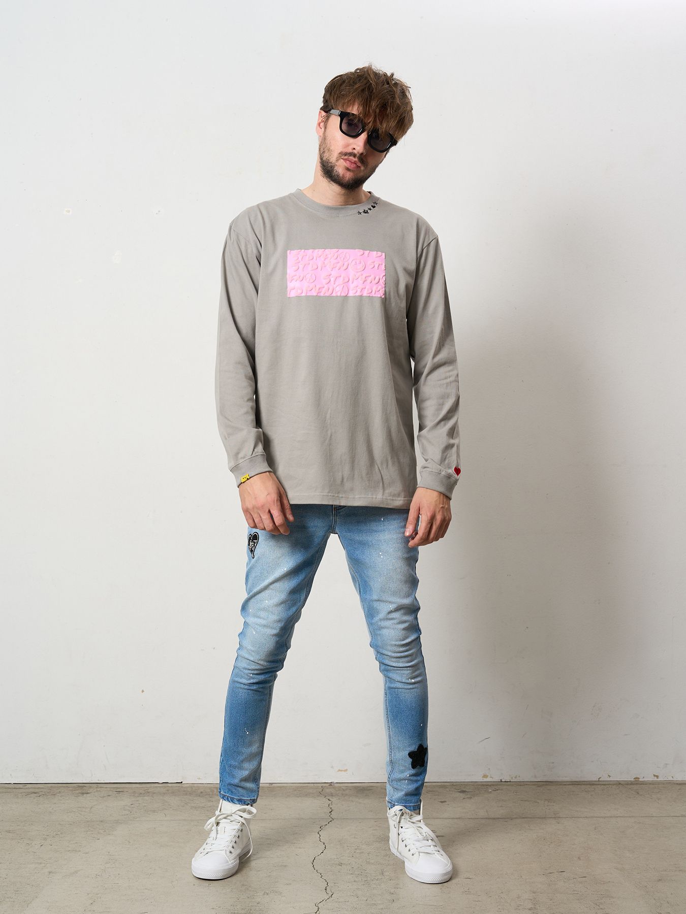 【予約品 5月8日(木) AM10時 締切】 5.6ozコットン天竺 ボックスロゴ発泡プリントLS Tシャツ / チャコールグレー