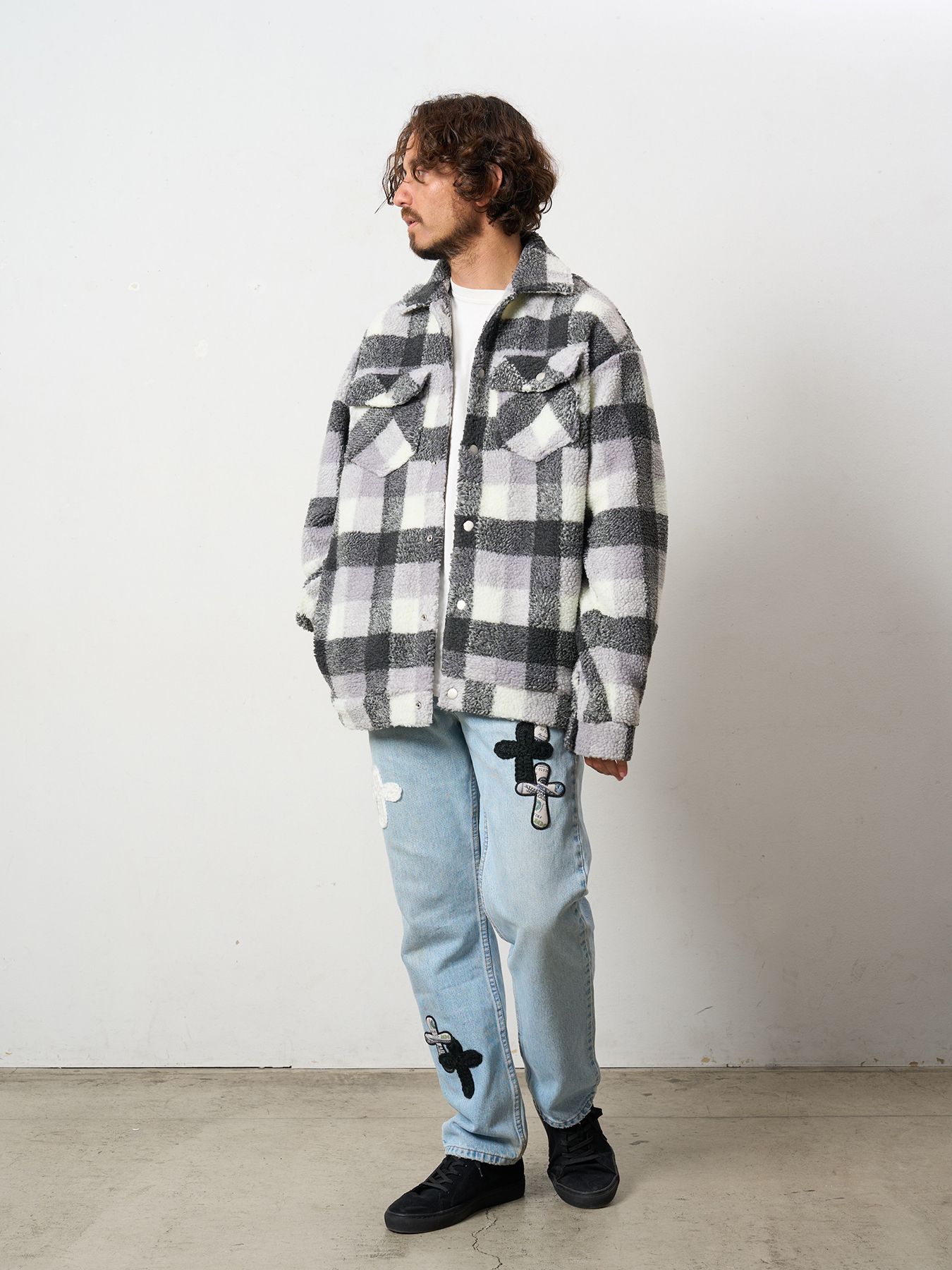 【予約品 】 ブロックチェックムックボア サガラパッチワークブルゾン / M.グレー