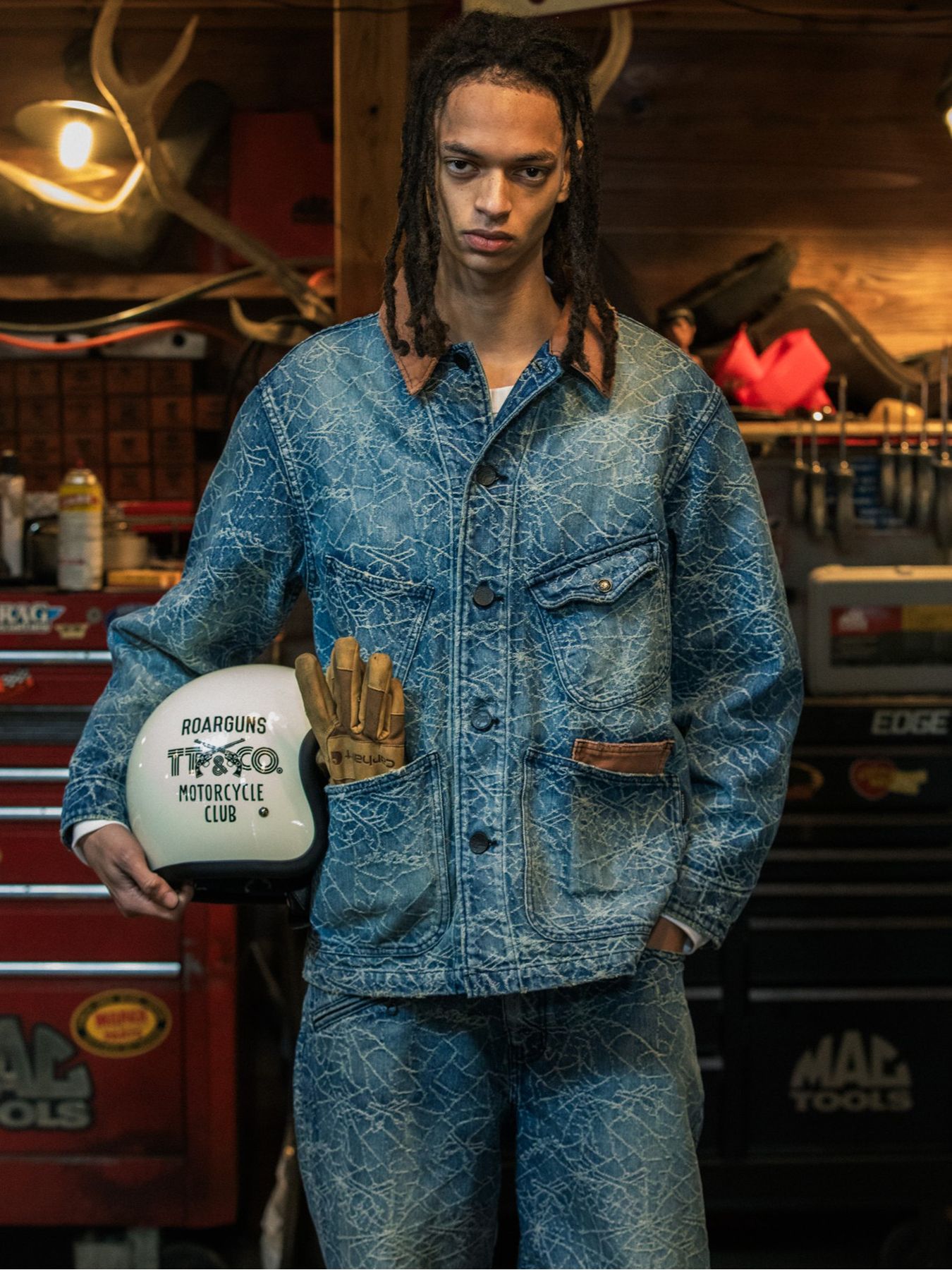 【予約品 3月9日(月) 18:00 締切】SPIDER JAQ DENIM JKT / スパイダー ジャガード デニム カバーオールジャケット / ブルー