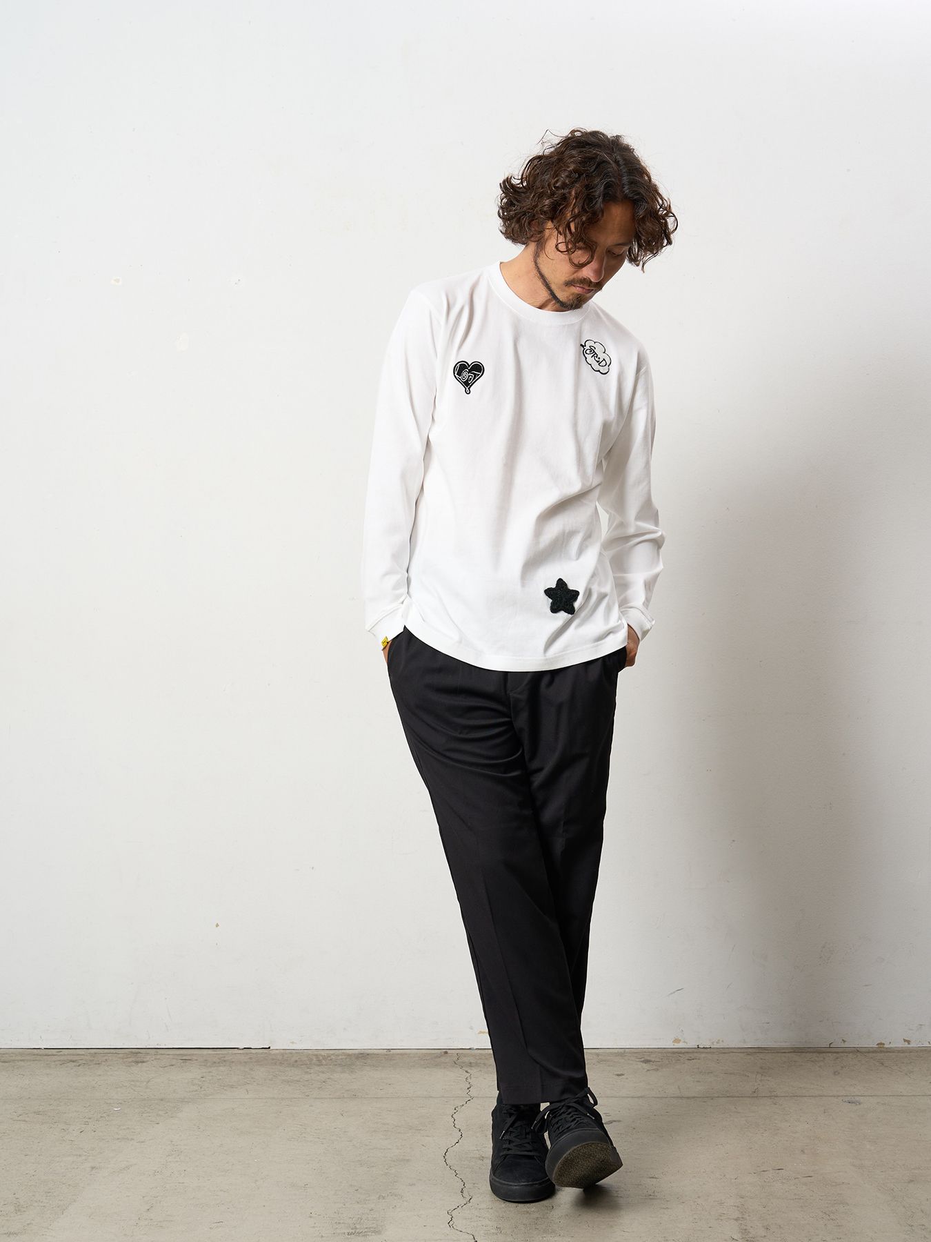 【予約品 5月8日(木) AM10時 締切】 5.6ozコットン天竺 CREATE YOUR OWN LUCK&マルチパッチワーク LS Tシャツ / ホワイト