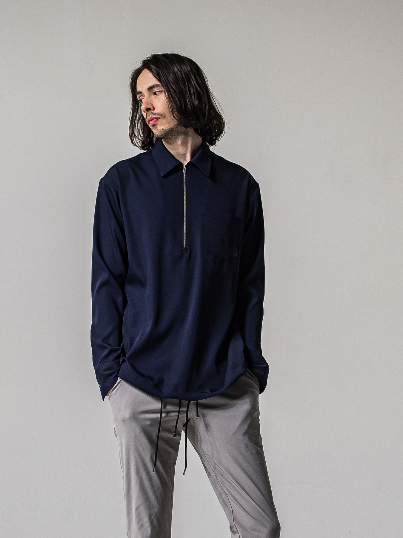 【予約品 11月16日(日) 締切】PULL OVER SATIN SHIRT / ジッププルオーバー サテンシャツ / ネイビー