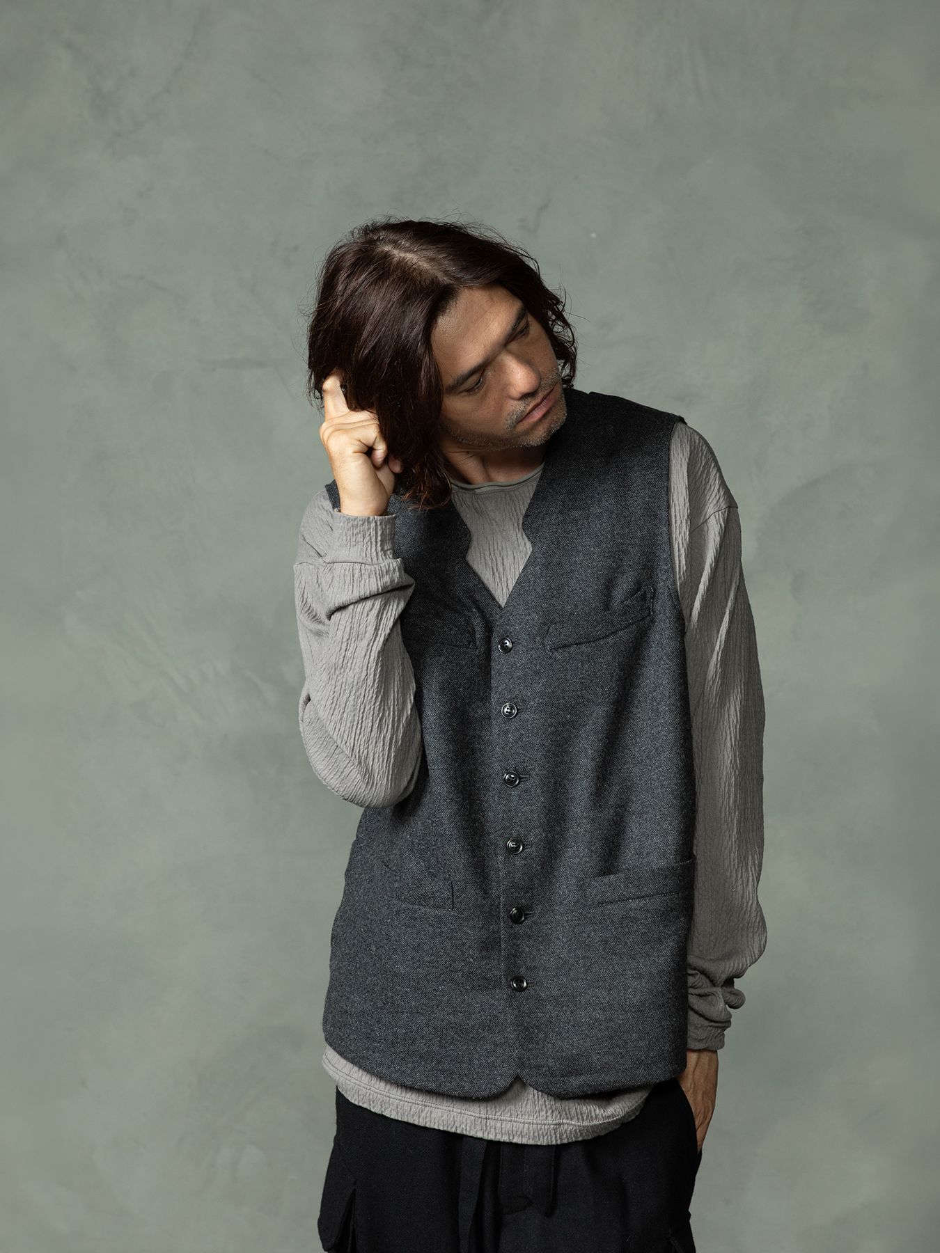 【予約品 7月5日(日) 締切】FRENCH GILET / ウールベスト / 杢チャコール