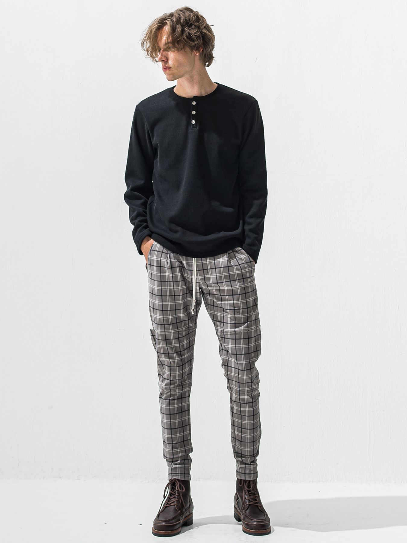 【予約品 9月6日(日) 締切】VELOURS FLEECE THERMAL HENRY / 裏起毛 ハニカムサーマル ヘンリーネック / ブラック