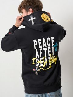 【予約品 5月8日(木) AM10時 締切】 TC裏毛起毛 PEACE AFTER DEATH&マルチパッチワーク プルパーカー / ブラック