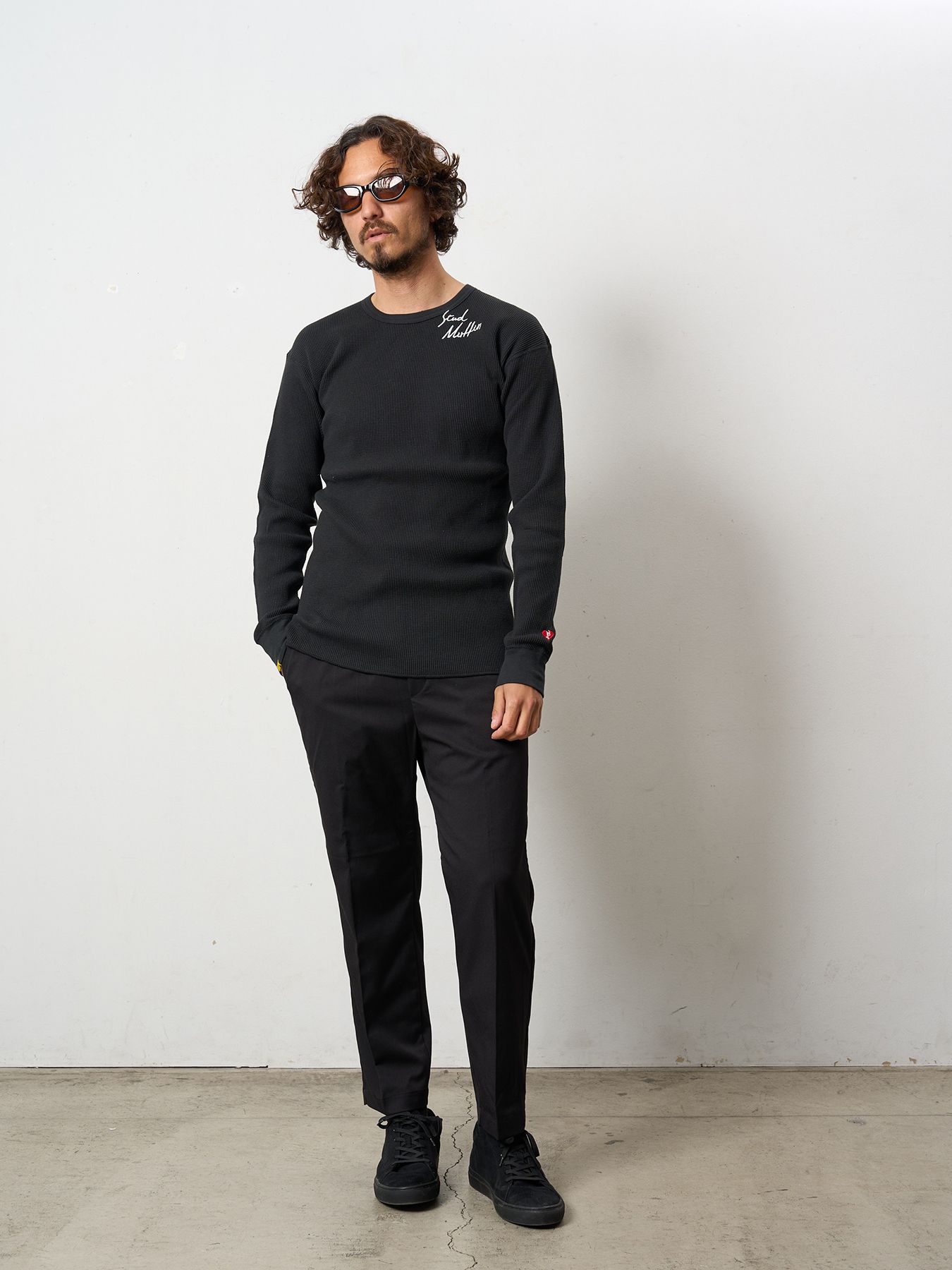 【予約品 5月8日(木) AM10時 締切】 ヘビーコットンワッフル ロゴ＆ハート刺繍 LS サーマル / ブラック