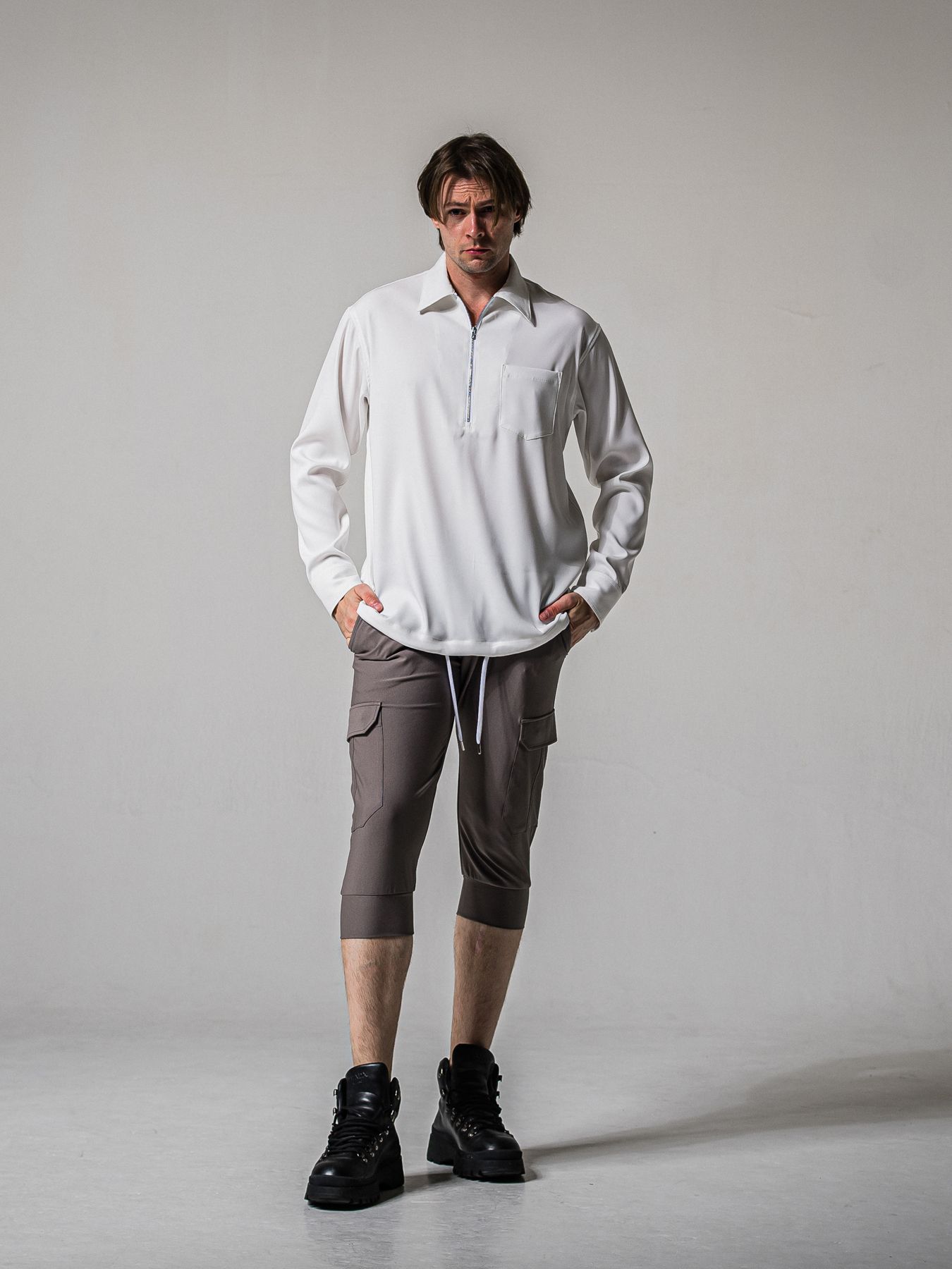 【予約品 11月16日(日) 締切】PULL OVER SATIN SHIRT / ジッププルオーバー サテンシャツ / ホワイト