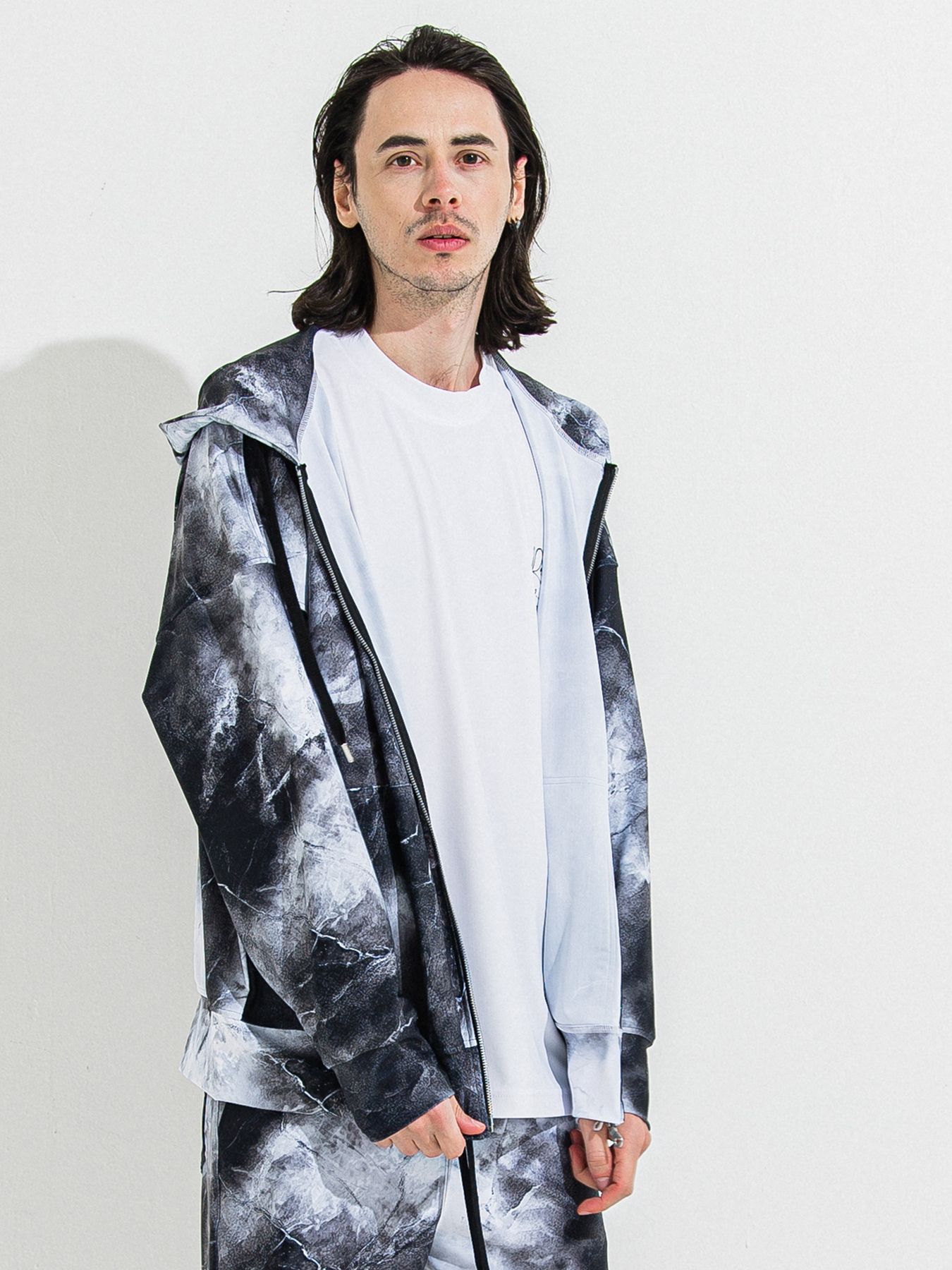 【予約品 】RASH OVER ZIPUP HOODIE / ラッシュガード オーバーサイズジップアップパーカー / マーブルブラック