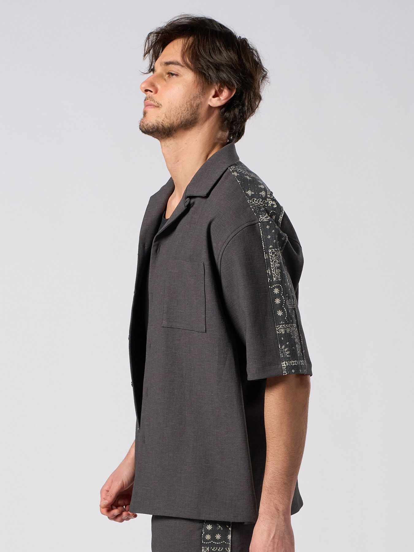 【予約品 1月25日(日) 締切】bandana print panel open shirt / バンダナプリントパネル オープンカラーシャツ / ブラック