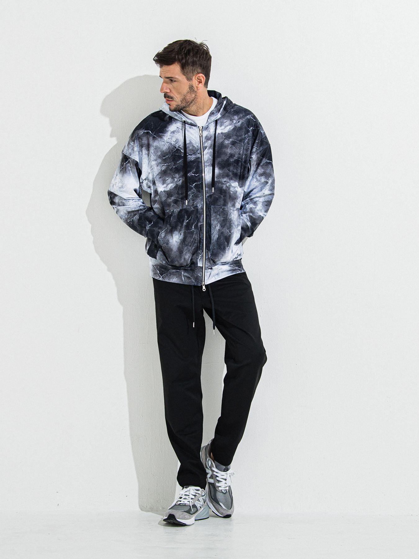 【予約品 】RASH OVER ZIPUP HOODIE / ラッシュガード オーバーサイズジップアップパーカー / マーブルブラック