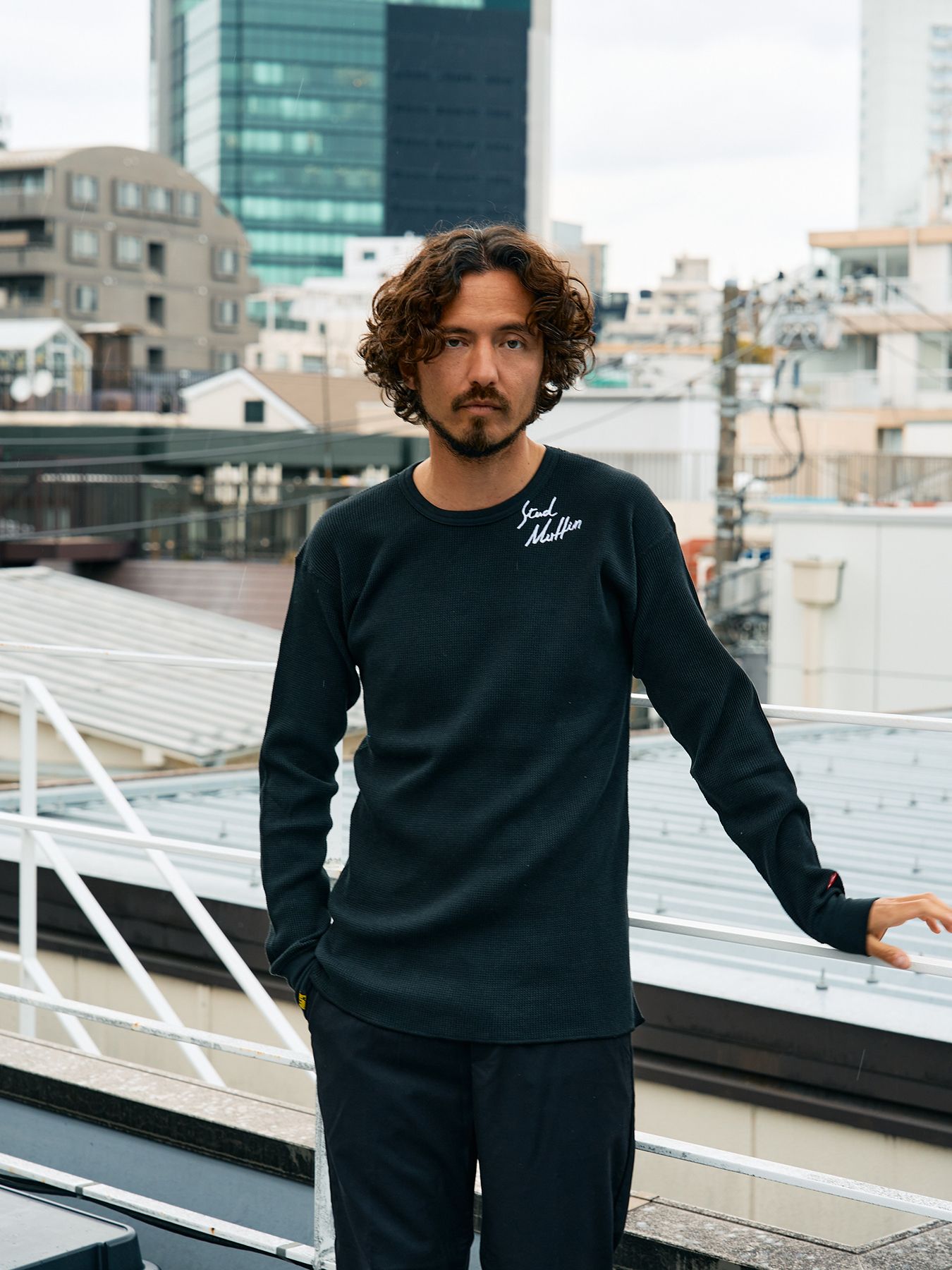 【予約品 5月8日(木) AM10時 締切】 ヘビーコットンワッフル ロゴ＆ハート刺繍 LS サーマル / ブラック