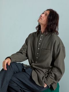 【予約品 】Bojour / ウール デザインシャツ / 杢オリーブドラブ