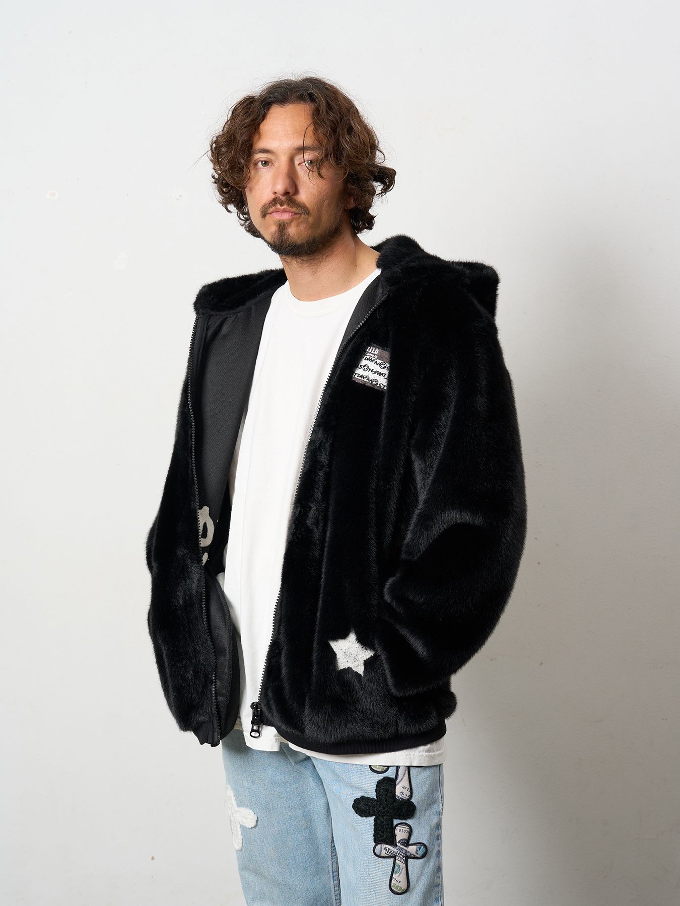 【予約品 】 ECOファー マルチパッチワークビックジップワイドパーカー / ブラック